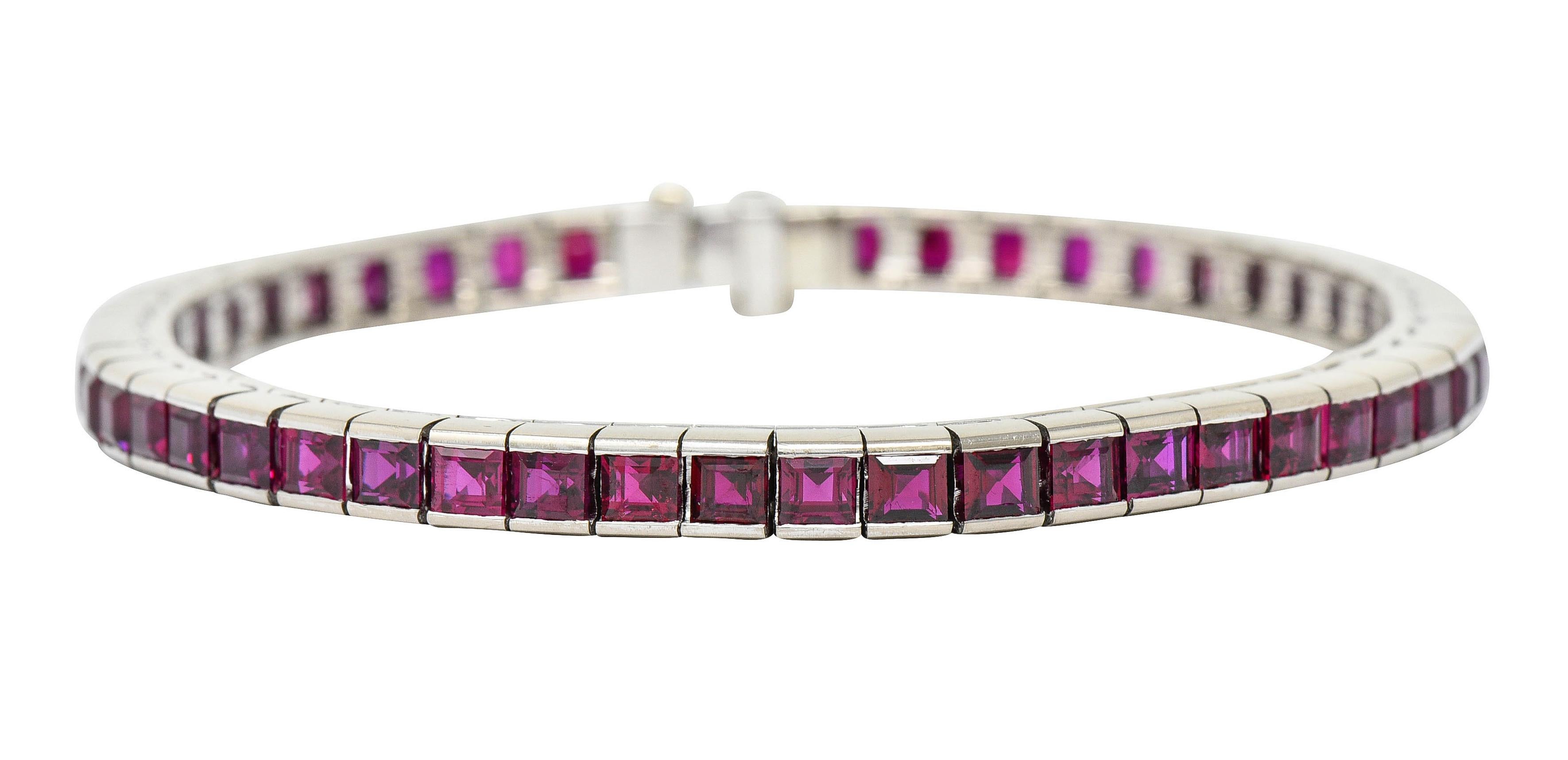 Square Cut Retro 13.25 Carats Ruby Platinum Line Bracelet, Circa 1940s