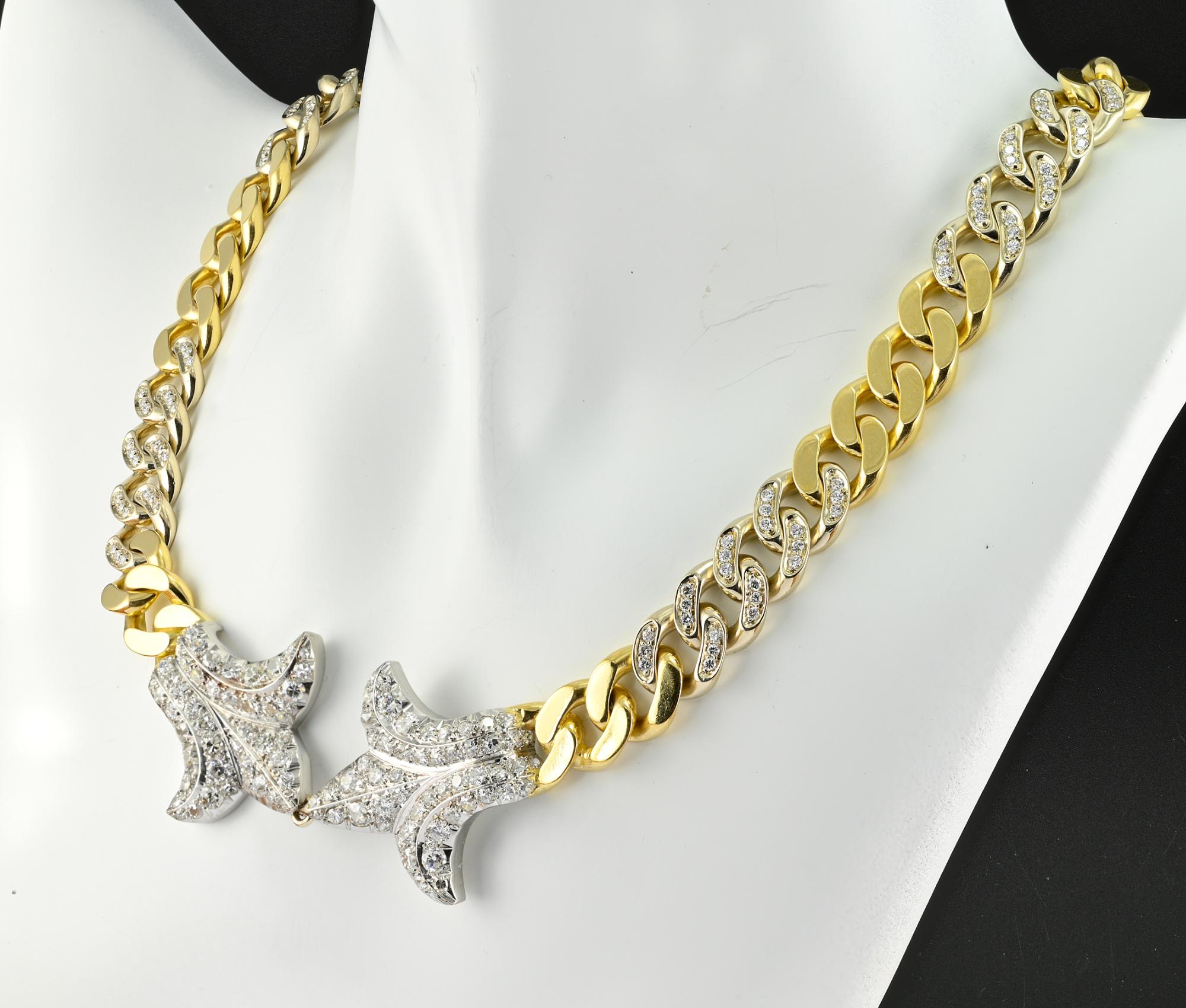 Women's Retro 13.30 Ct Diamond Fleur De Lys Curb 18 KT Platinum Necklace For Sale