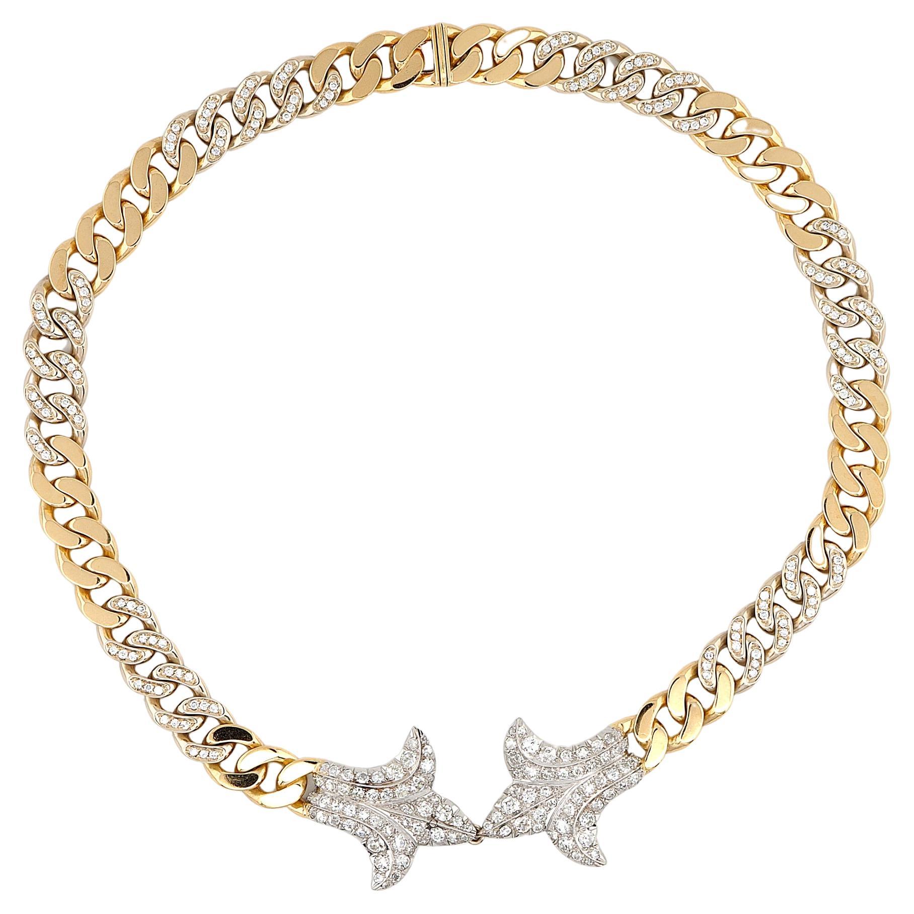 Retro 13.30 Ct Diamond Fleur De Lys Curb 18 KT Platinum Necklace For Sale