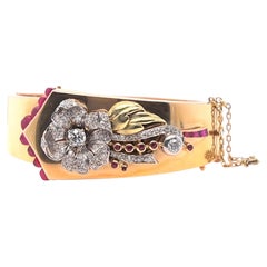 Retro 1.35 Carats Diamonds Ruby 18 Karat Rose Gold Platinum Floral Cuff Bracelet