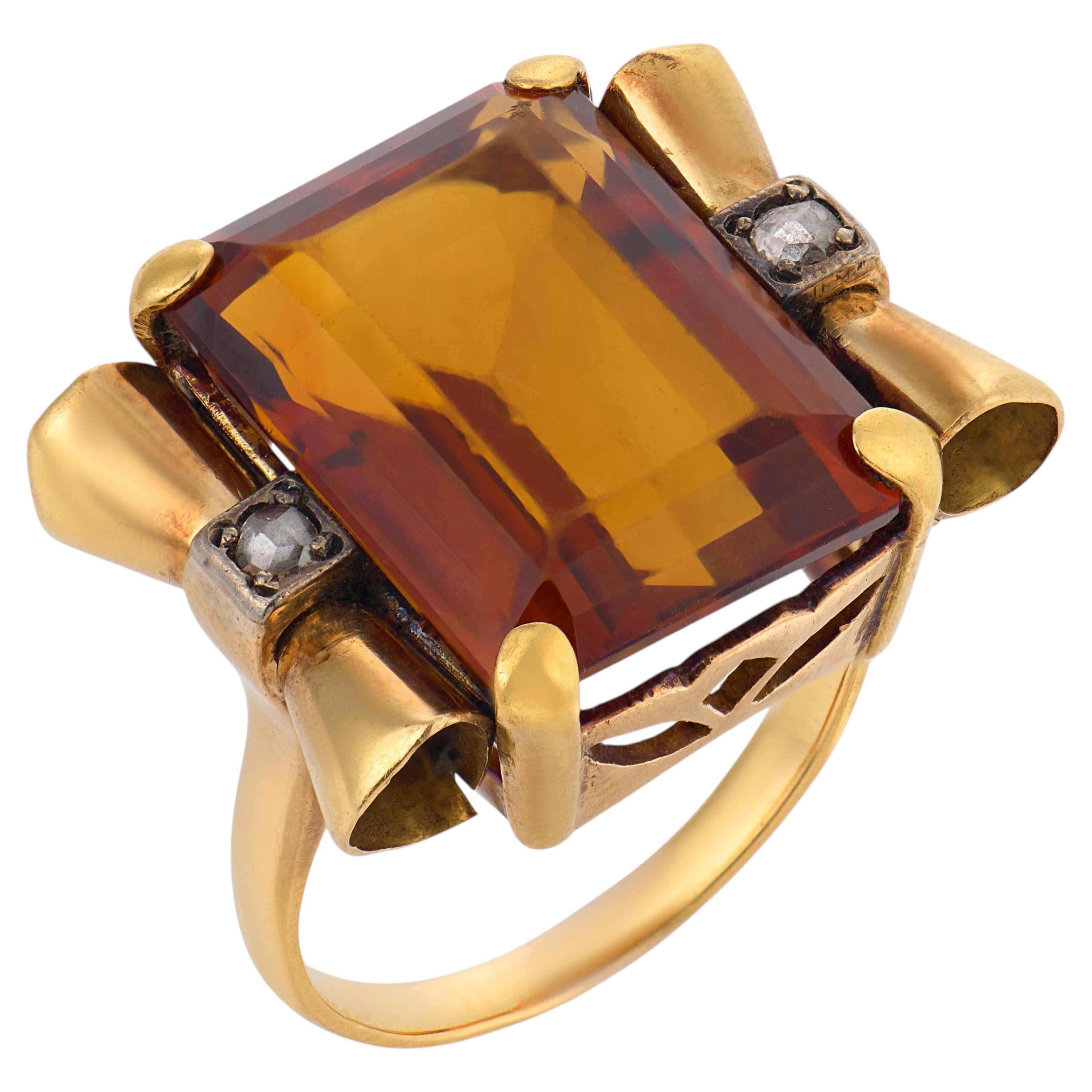 Retro 13.80 carat citrine diamond 18k yellow gold cocktail ring
