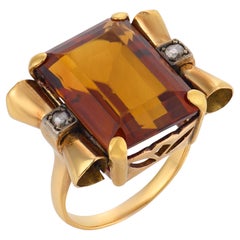 Bague cocktail rétro 13,80 carats citrine diamant or jaune 18k