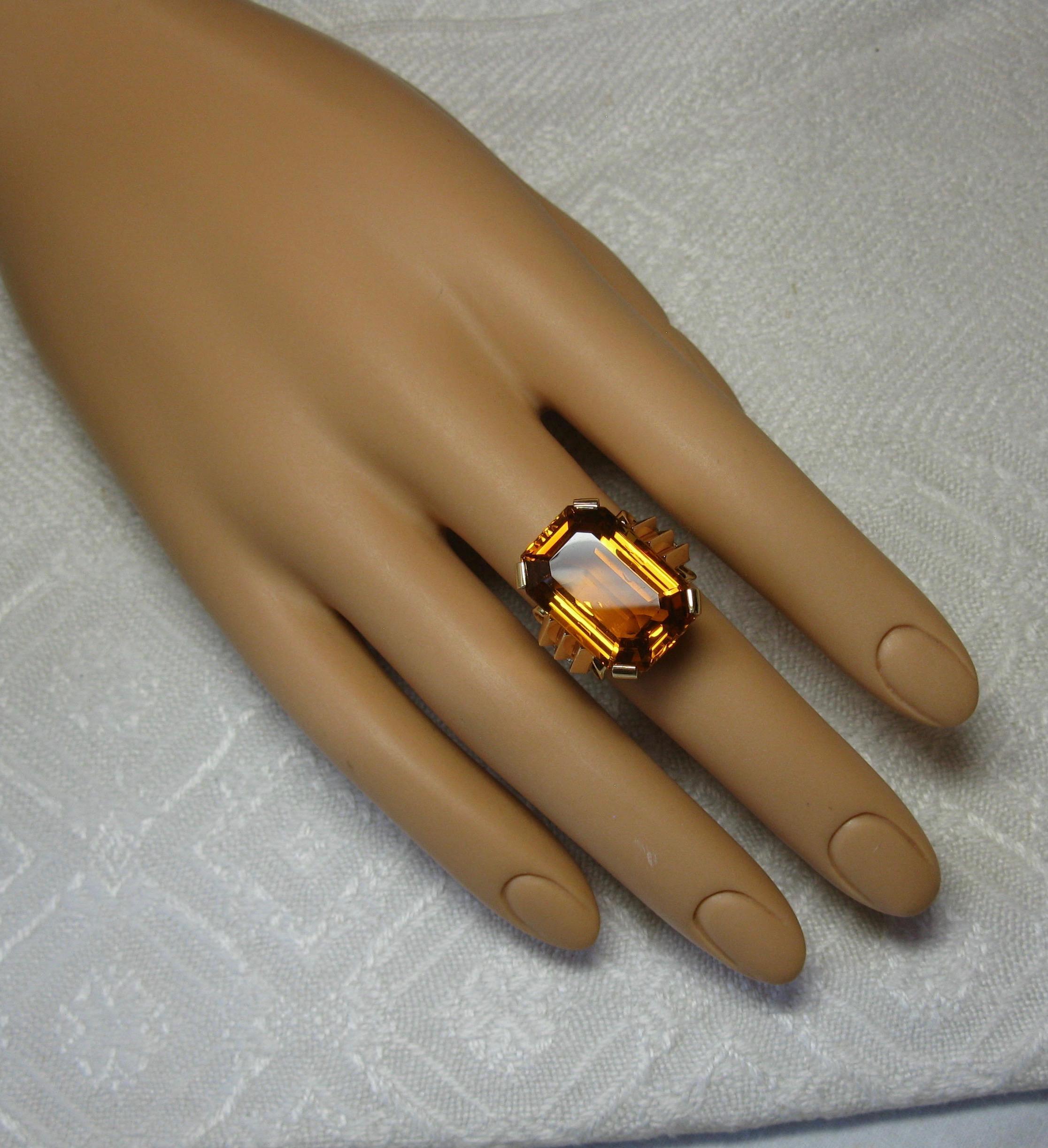 Retro 14 Carat Emerald Cut Citrine Diamond Ring 14 Karat Rose Gold Walton & Co. For Sale 4