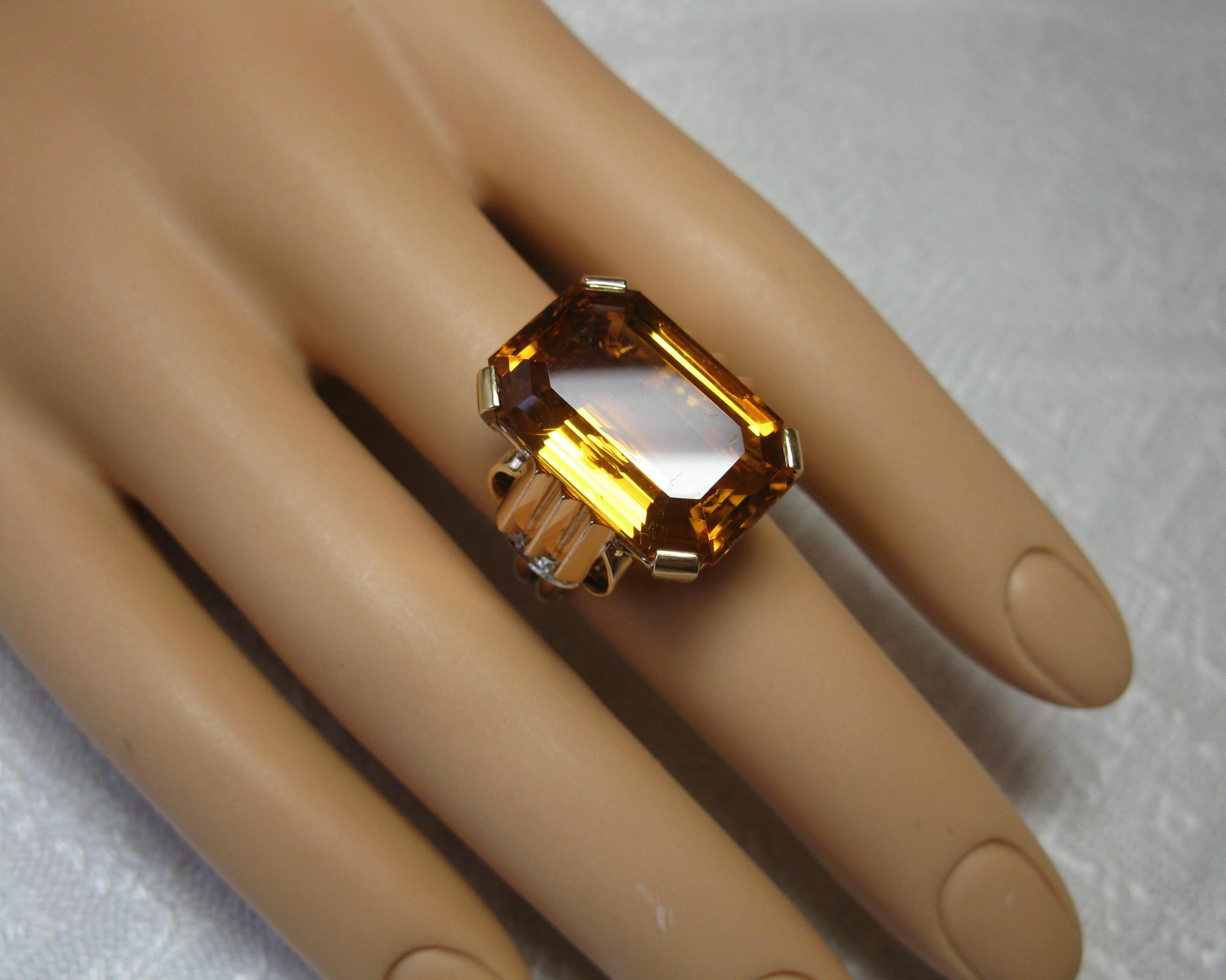 Retro 14 Carat Emerald Cut Citrine Diamond Ring 14 Karat Rose Gold Walton & Co. For Sale 5