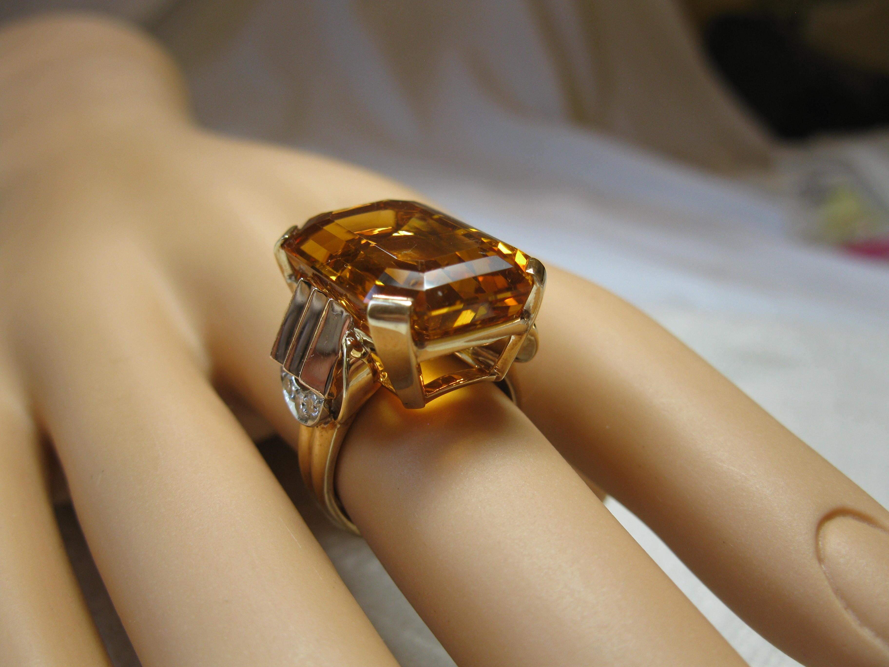 Retro 14 Carat Emerald Cut Citrine Diamond Ring 14 Karat Rose Gold Walton & Co. For Sale 7