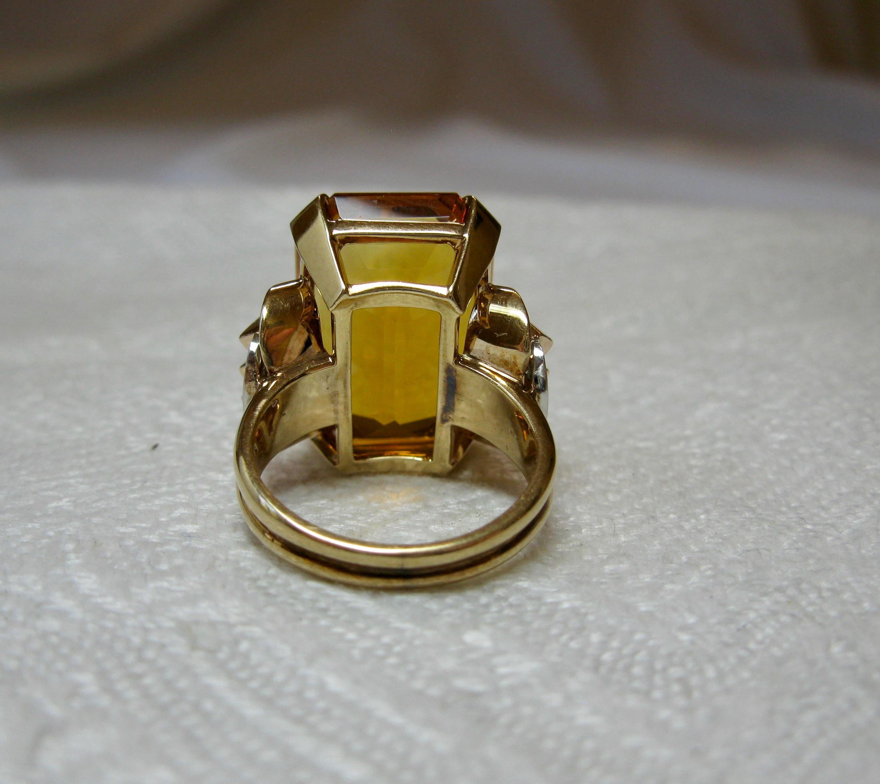 Retro 14 Carat Emerald Cut Citrine Diamond Ring 14 Karat Rose Gold Walton & Co. For Sale 8