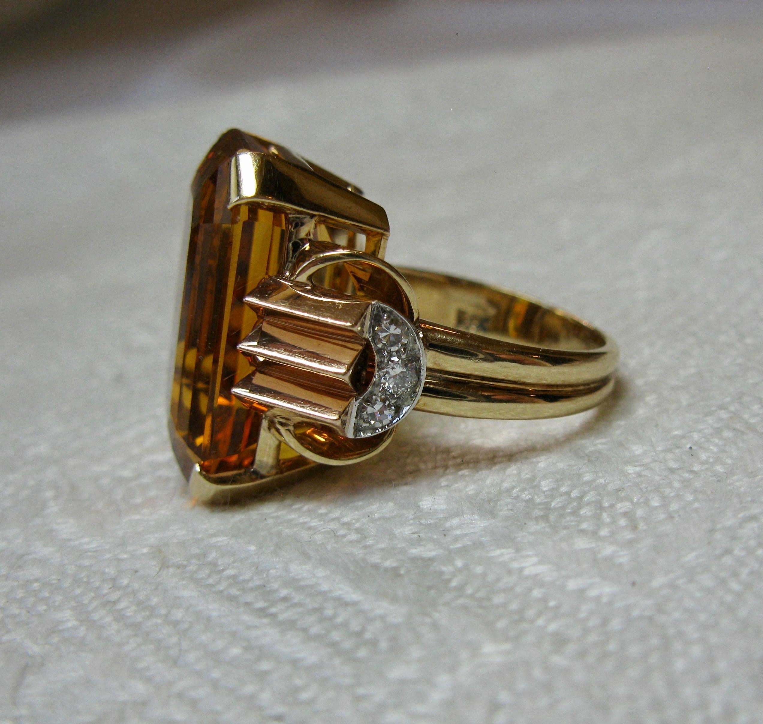 Retro 14 Carat Emerald Cut Citrine Diamond Ring 14 Karat Rose Gold Walton & Co. For Sale 9