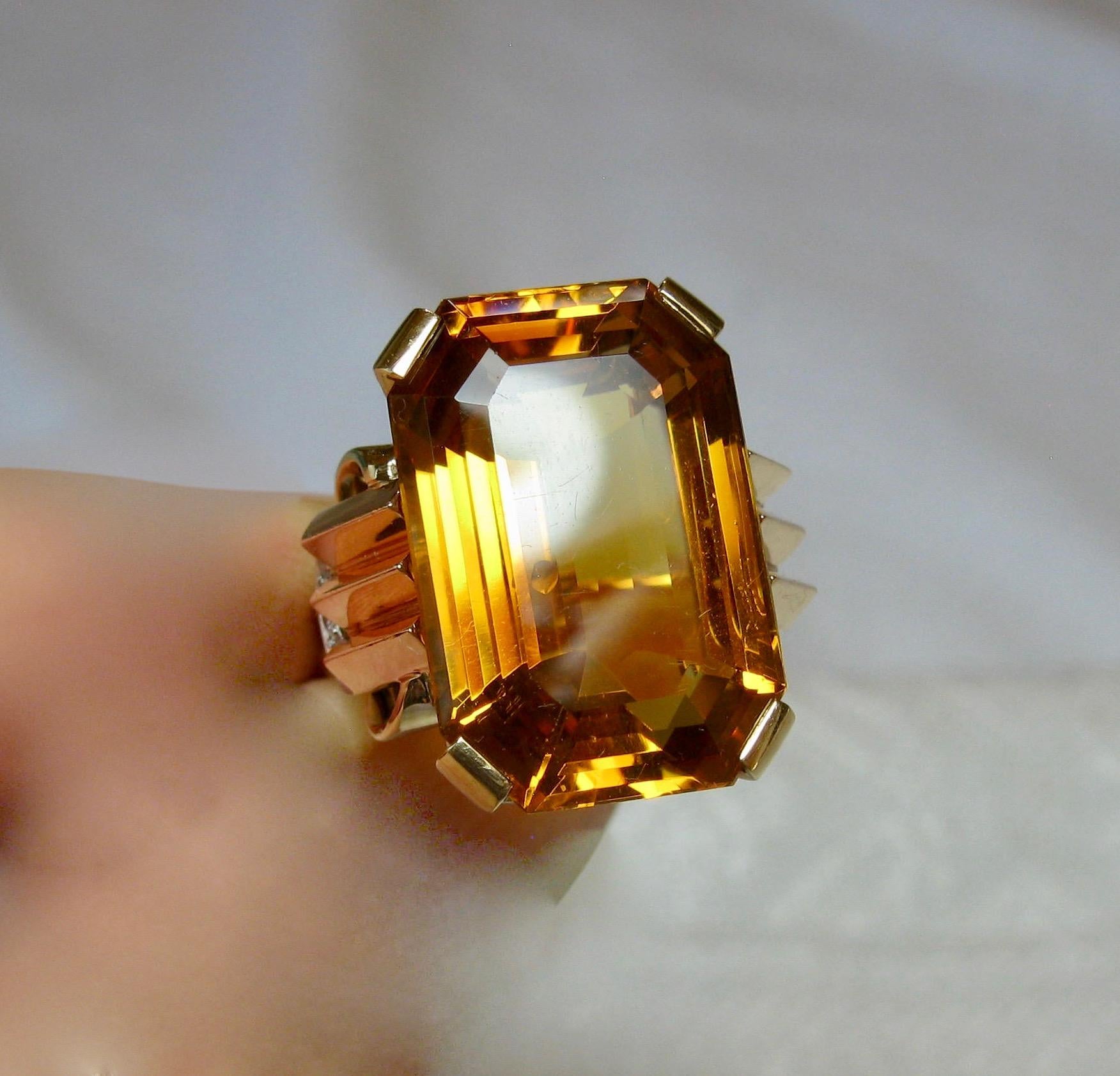 Women's Retro 14 Carat Emerald Cut Citrine Diamond Ring 14 Karat Rose Gold Walton & Co. For Sale