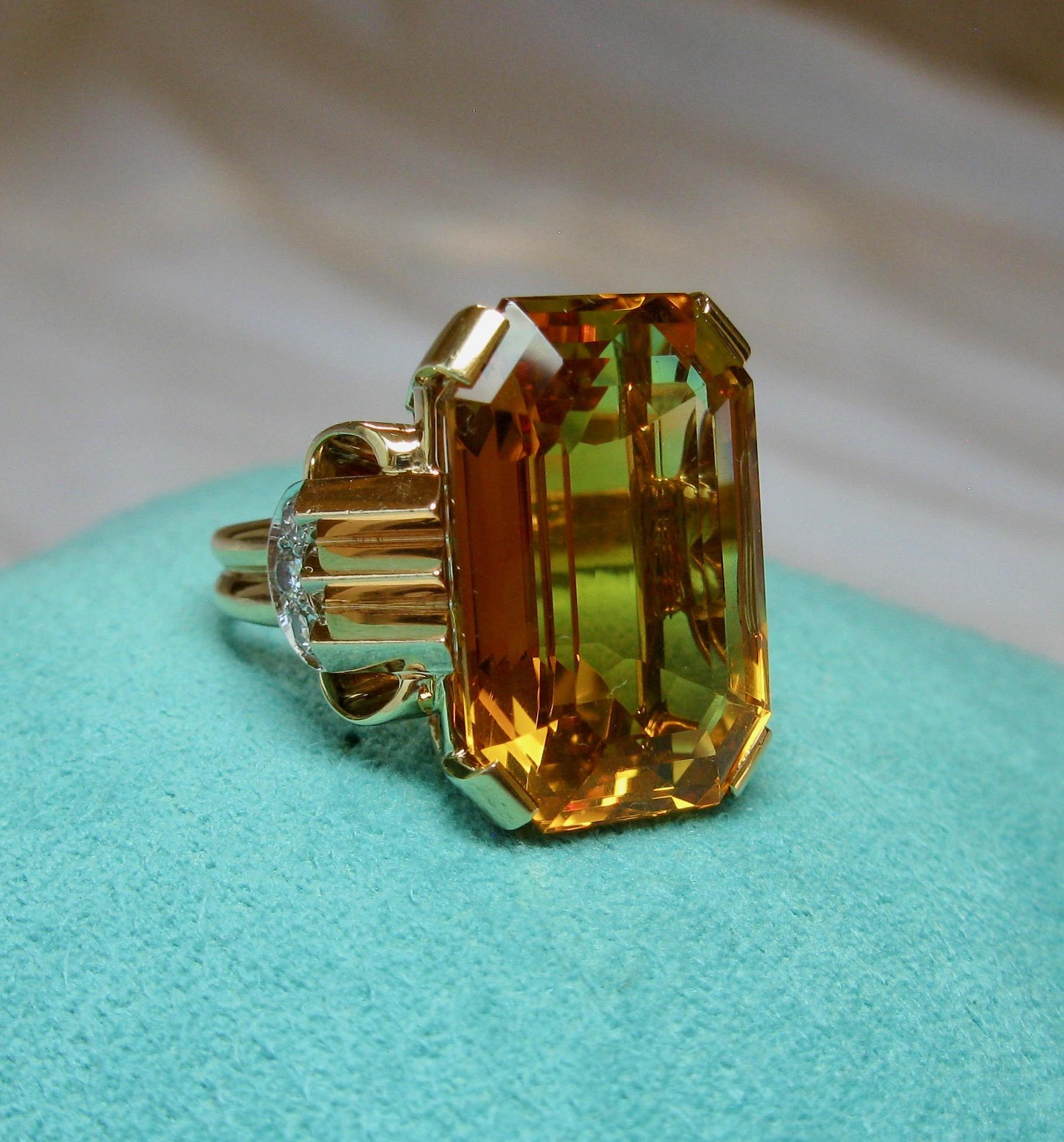 Retro 14 Carat Emerald Cut Citrine Diamond Ring 14 Karat Rose Gold Walton & Co. For Sale 1