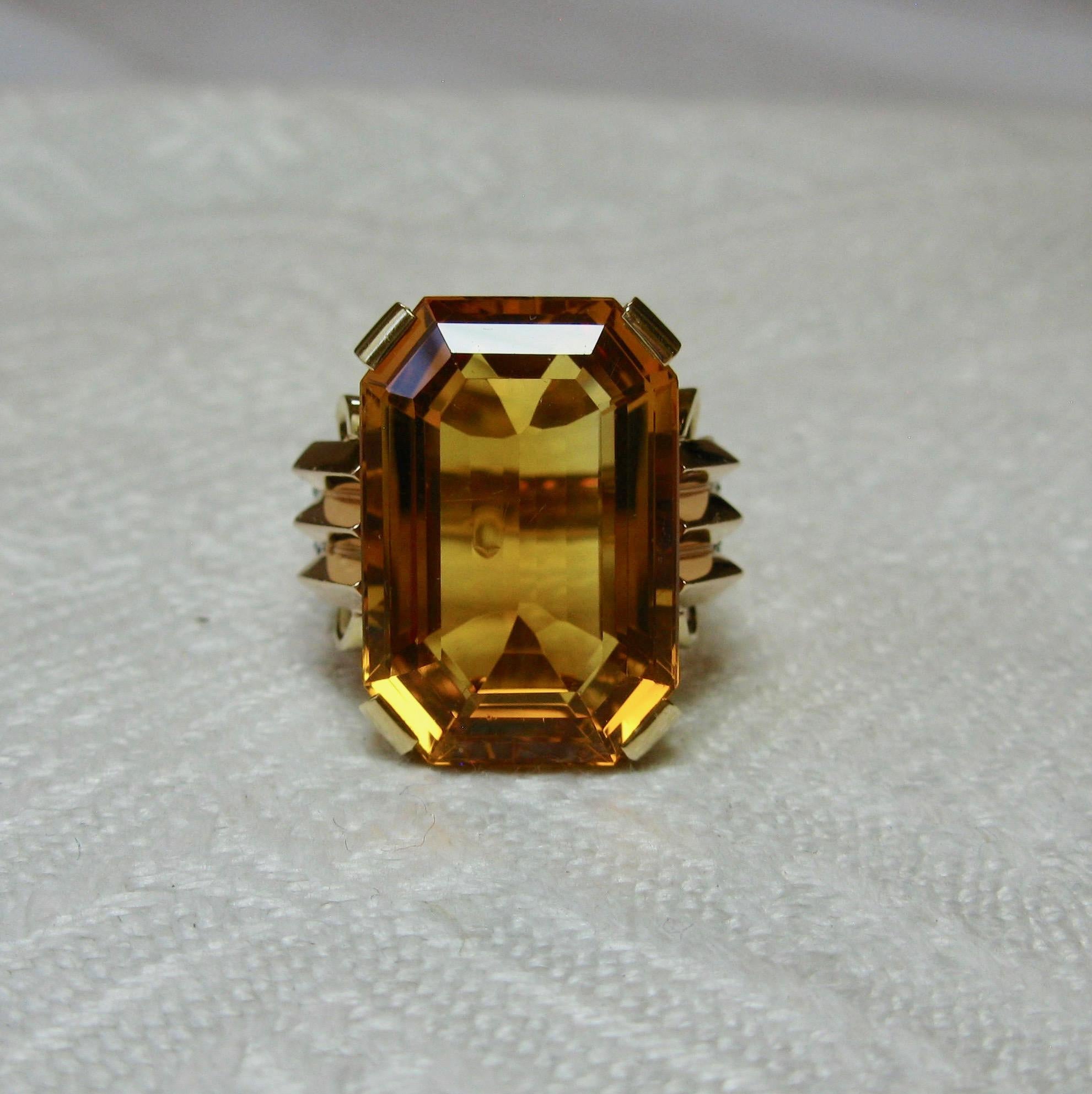 Retro 14 Carat Emerald Cut Citrine Diamond Ring 14 Karat Rose Gold Walton & Co. For Sale 2