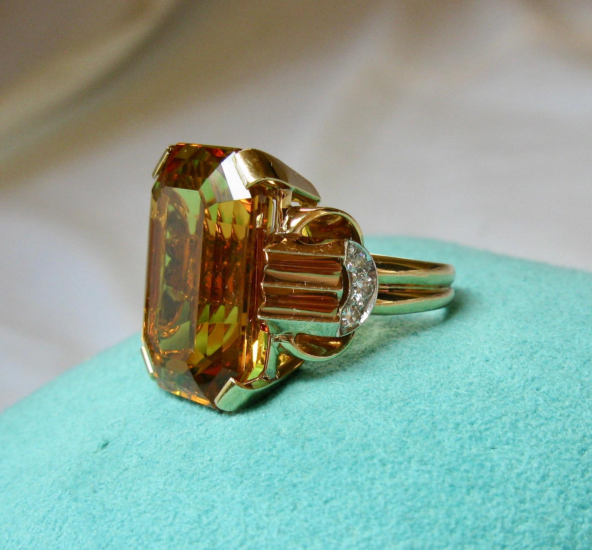 Retro 14 Carat Emerald Cut Citrine Diamond Ring 14 Karat Rose Gold Walton & Co. For Sale 3