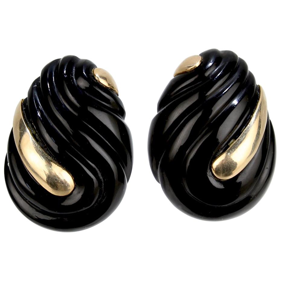 Retro 14 Karat Gold and Carved Onyx Earrings