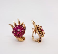 Retro 14 Karat Gold and Ruby and Diamond Clip-On Earrings
