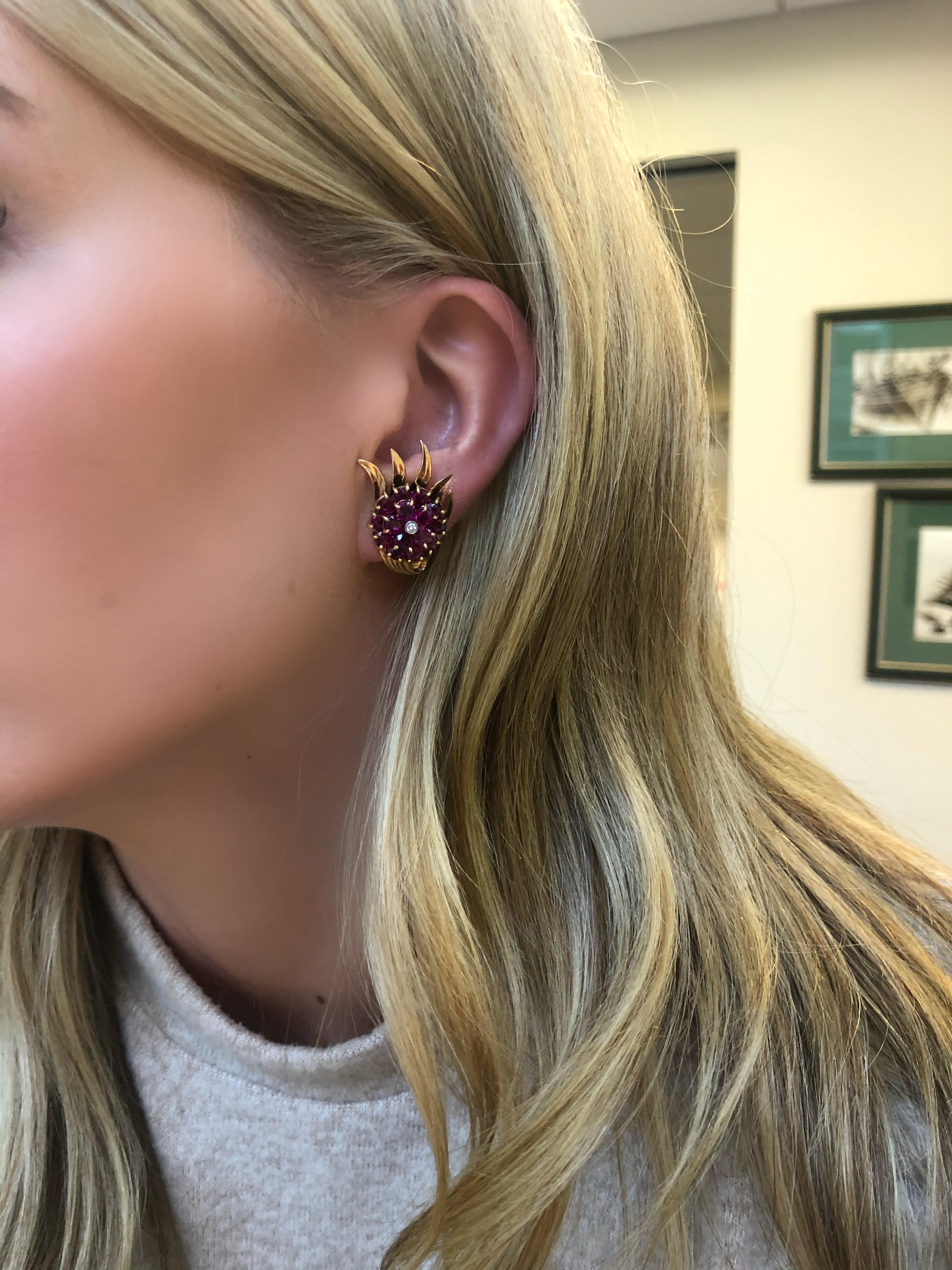 Retro 14 Karat Gold and Ruby and Diamond Clip-On Earrings For Sale 1