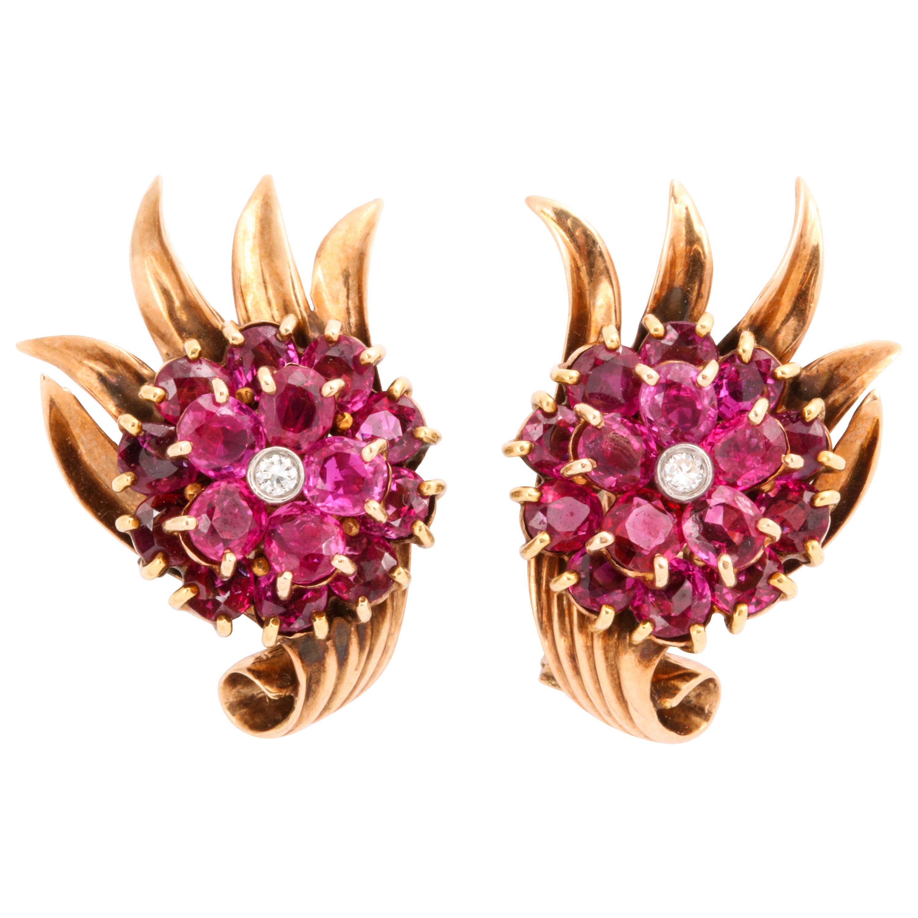 Retro 14 Karat Gold and Ruby and Diamond Clip-On Earrings For Sale