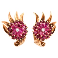 Vintage 14 Karat Gold and Ruby and Diamond Clip-On Earrings