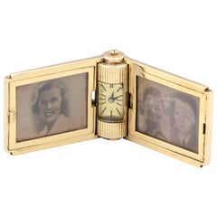 Vintage 14 Karat Gold Folding Travel Picture Frame with Hidden Clock