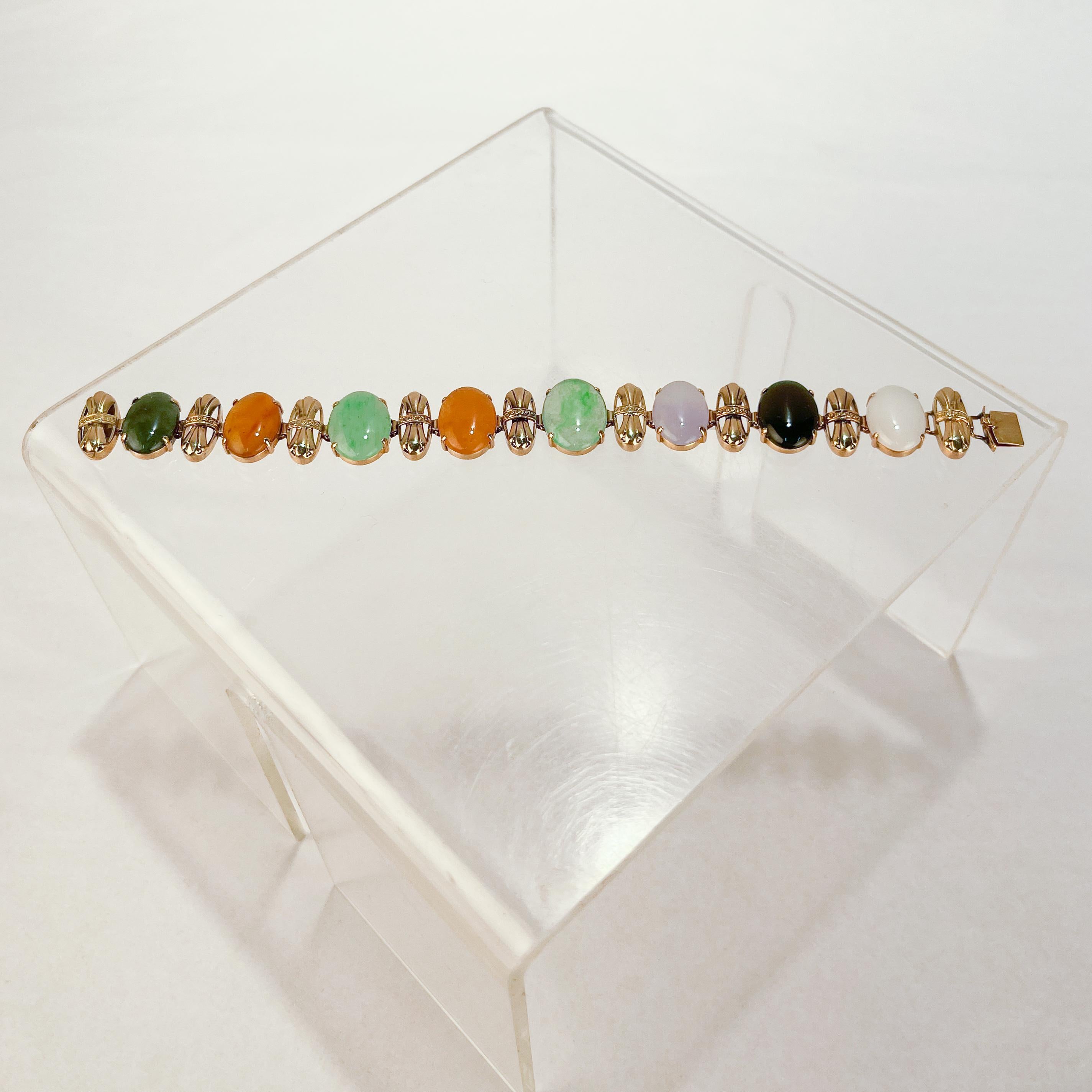 Retro 14 Karat Gold & Jade Cabochon Bracelet 5