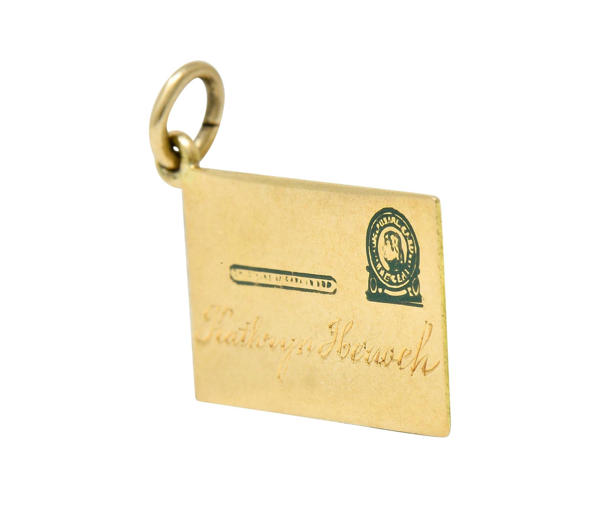 Retro 14 Karat Gold Jefferson Postal Card Charm, circa 1940s 1