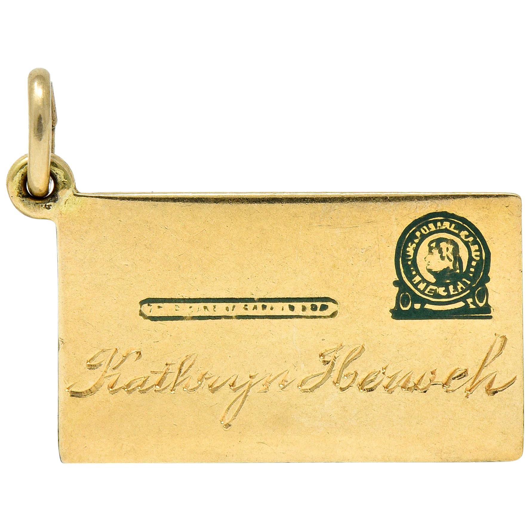 Retro 14 Karat Gold Jefferson Postal Card Charm, circa 1940s