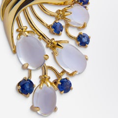 Retro 14 Karat Gold, Moonstone, and Sapphire Brooch Pin