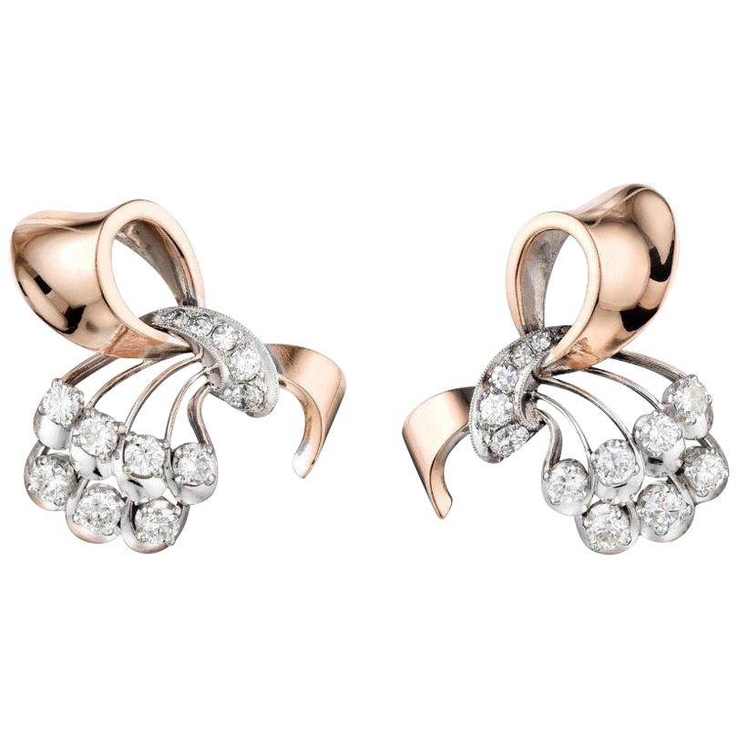 Retro 14 Karat Rose White Gold Diamond Stud Earrings For Sale