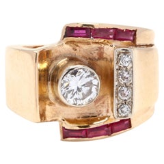 Retro 14 Karat Rose Gold, Diamond and Ruby Cocktail Ring