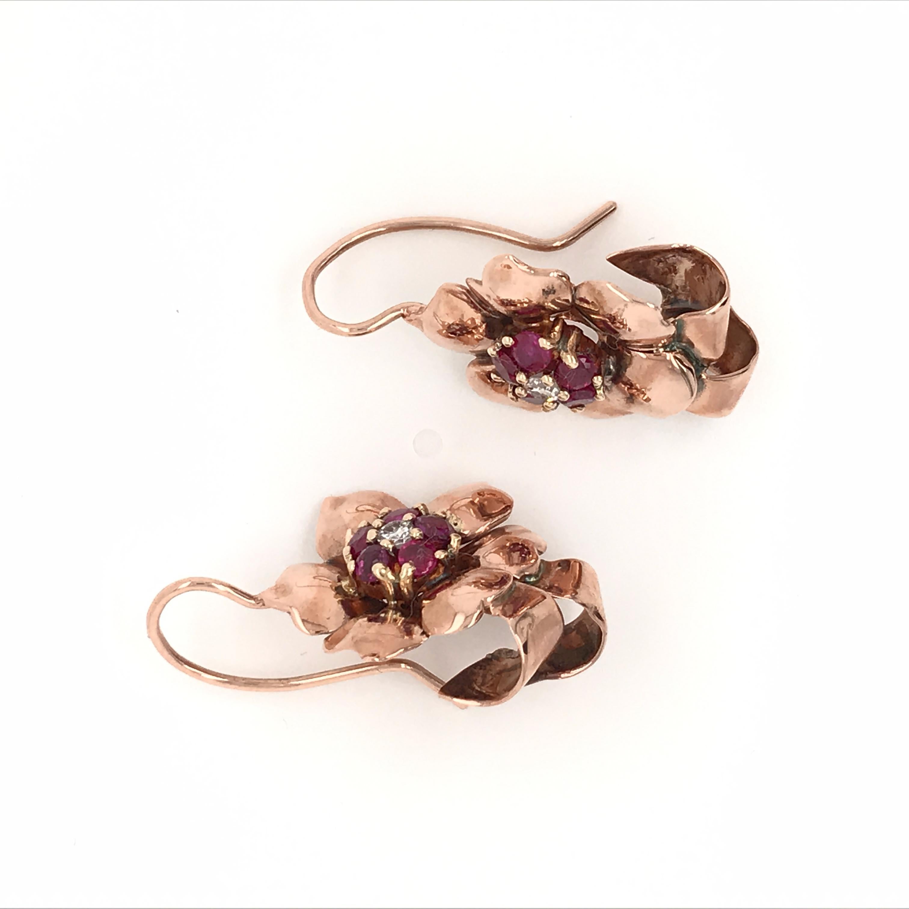 Retro Vintage 14 Karat Rose Gold Diamond Ruby Flower Earrings