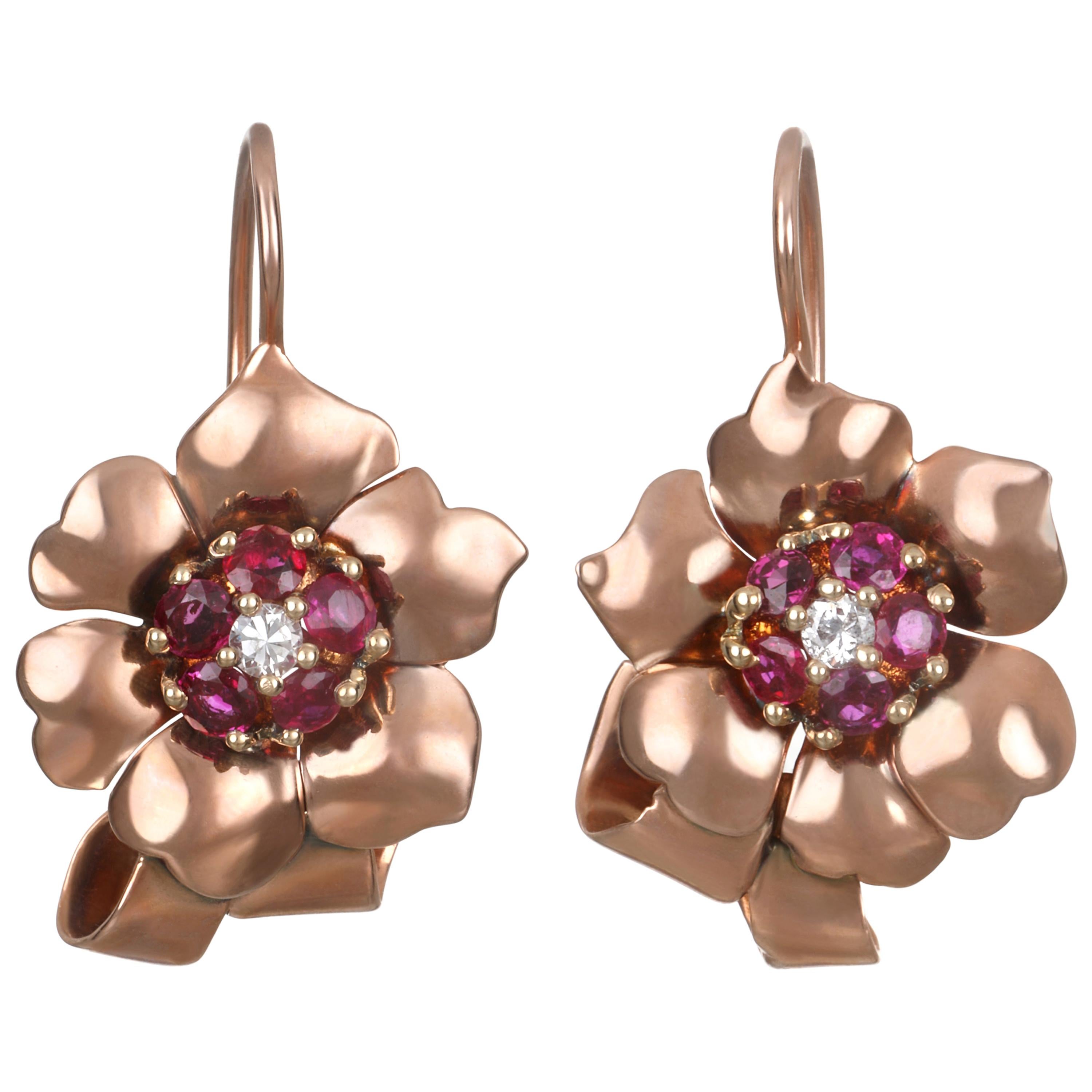 Vintage 14 Karat Rose Gold Diamond Ruby Flower Earrings