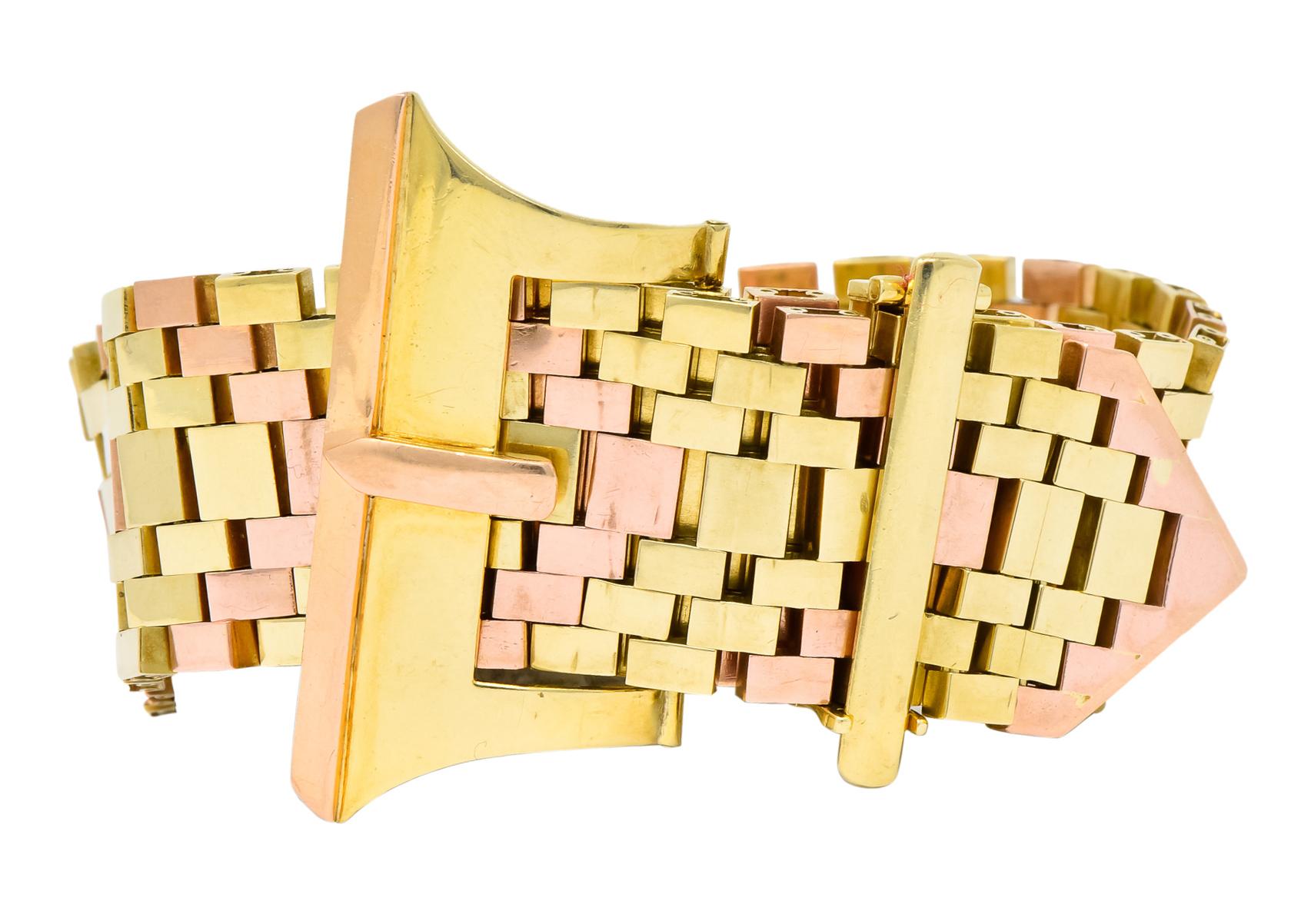 Retro 14 Karat Two-Tone Gold Flexible Buckle Bracelet In Excellent Condition In Philadelphia, PA