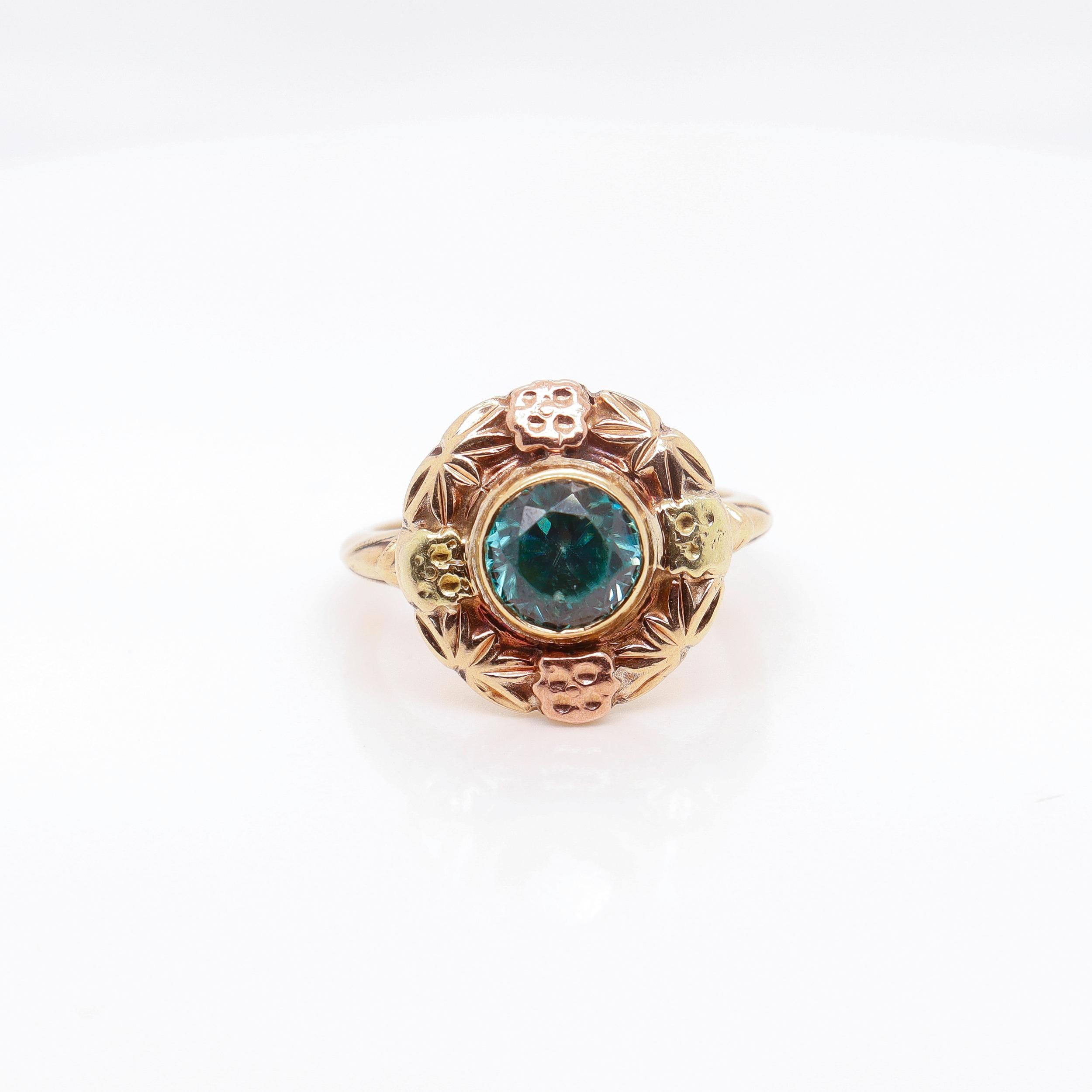 Retro 14 Karat Rose & Yellow Gold and Blue Topaz Ring In Fair Condition In Philadelphia, PA
