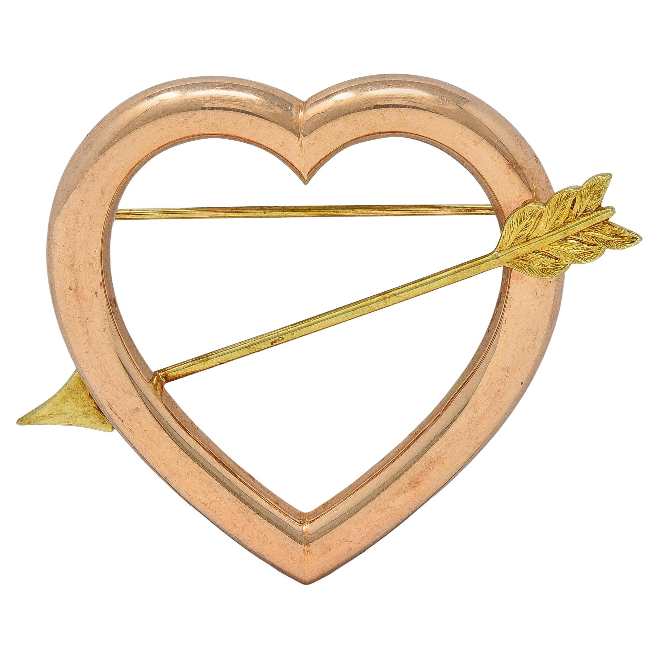 Retro 14 Karat Two-Tone Gold Vintage Heart Arrow Brooch