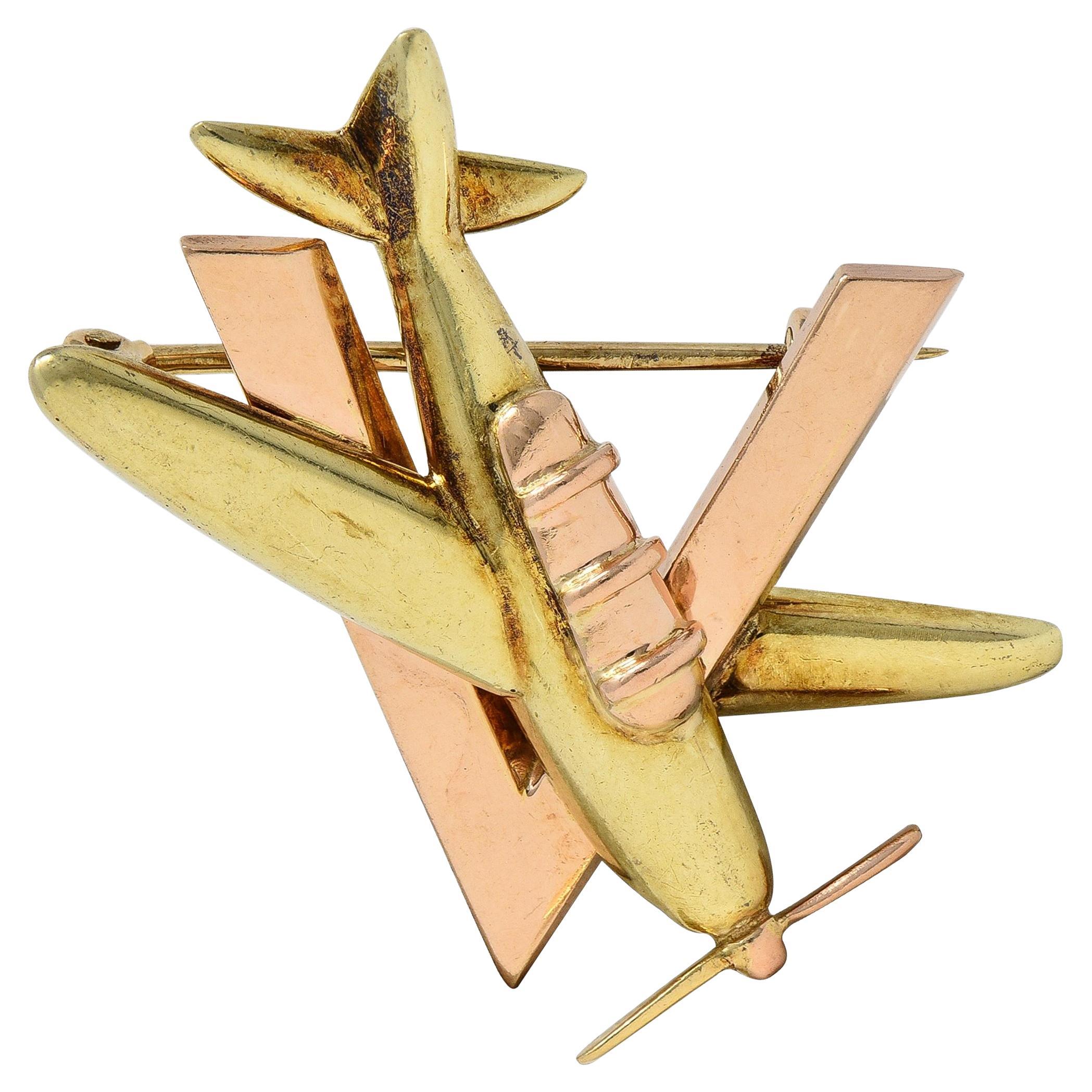 Retro 14 Karat Two-Tone Gold Vintage Sweetheart WW2 Victory Plane Brooch