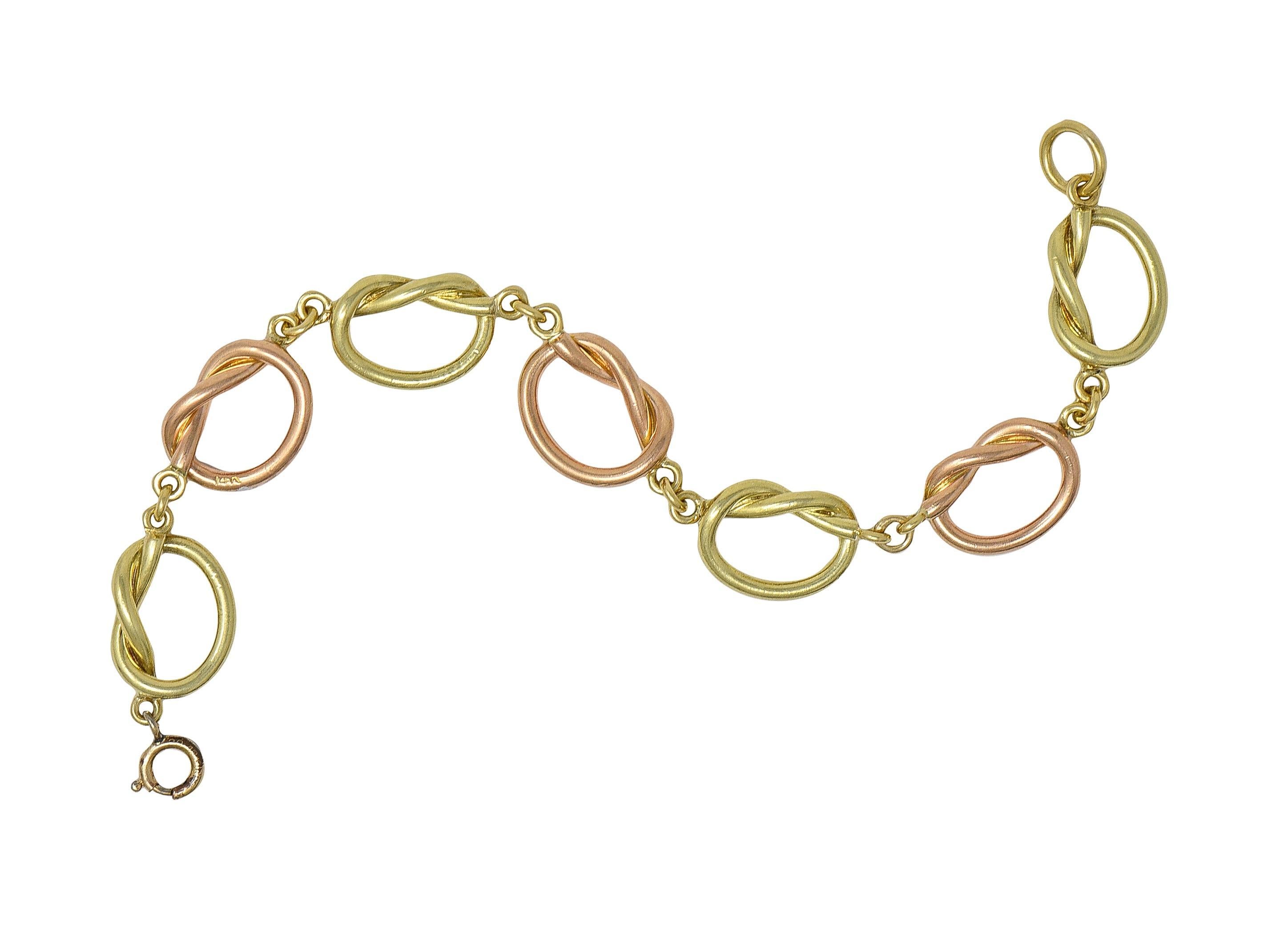 Retro 14 Karat Two-Tone Rose Yellow Gold Vintage Love Knot Bracelet en venta 6