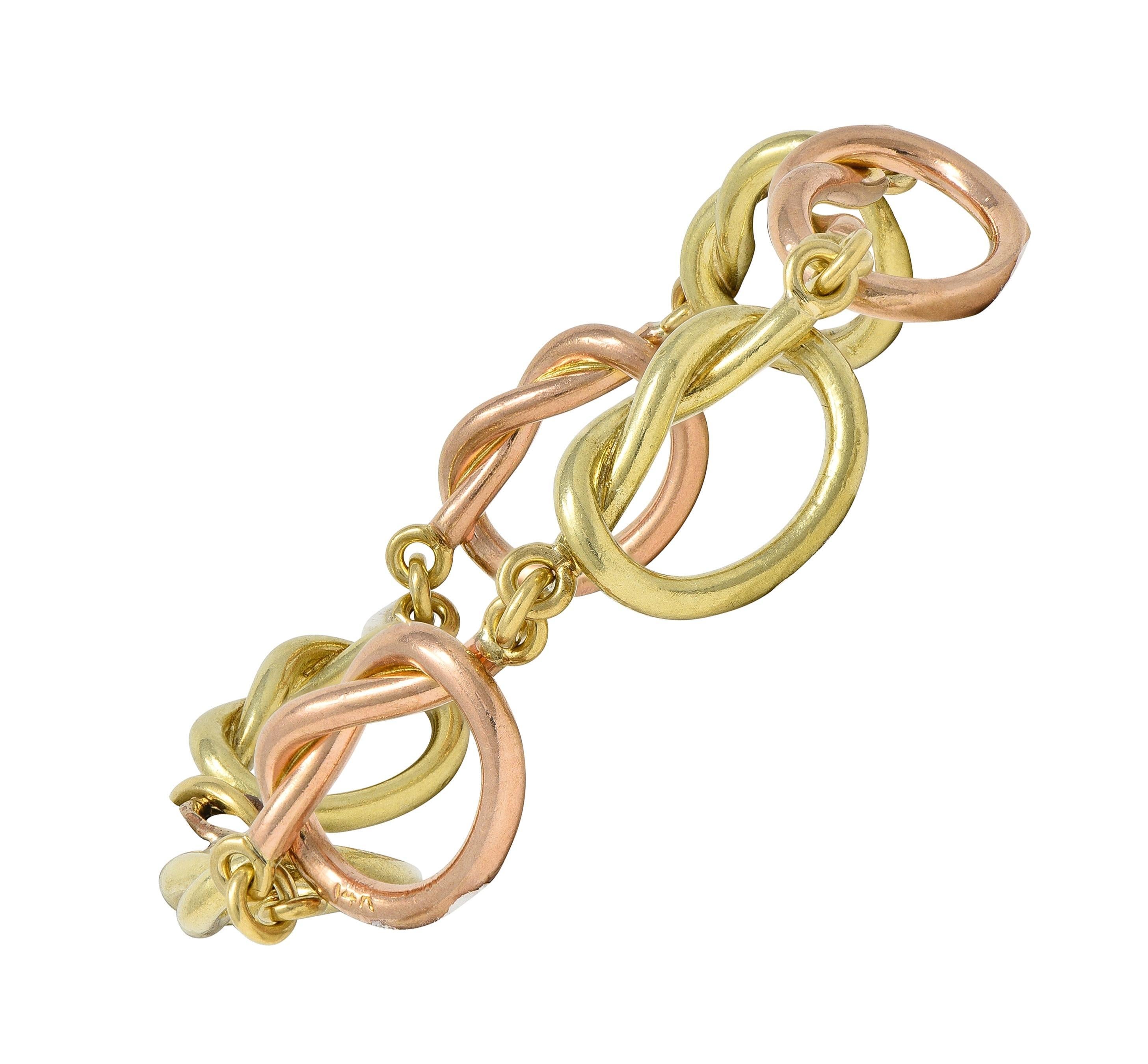 Femenino o masculino Retro 14 Karat Two-Tone Rose Yellow Gold Vintage Love Knot Bracelet en venta