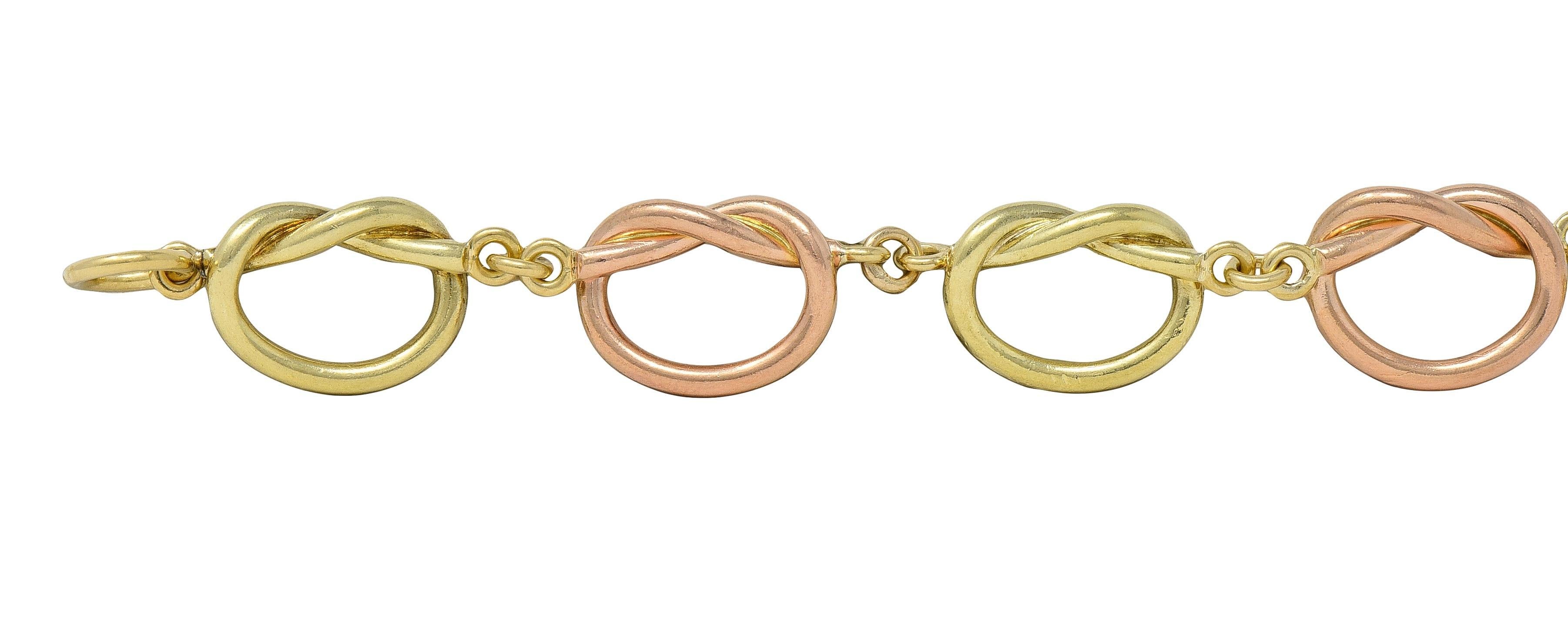 Retro 14 Karat Two-Tone Rose Yellow Gold Vintage Love Knot Bracelet en venta 1