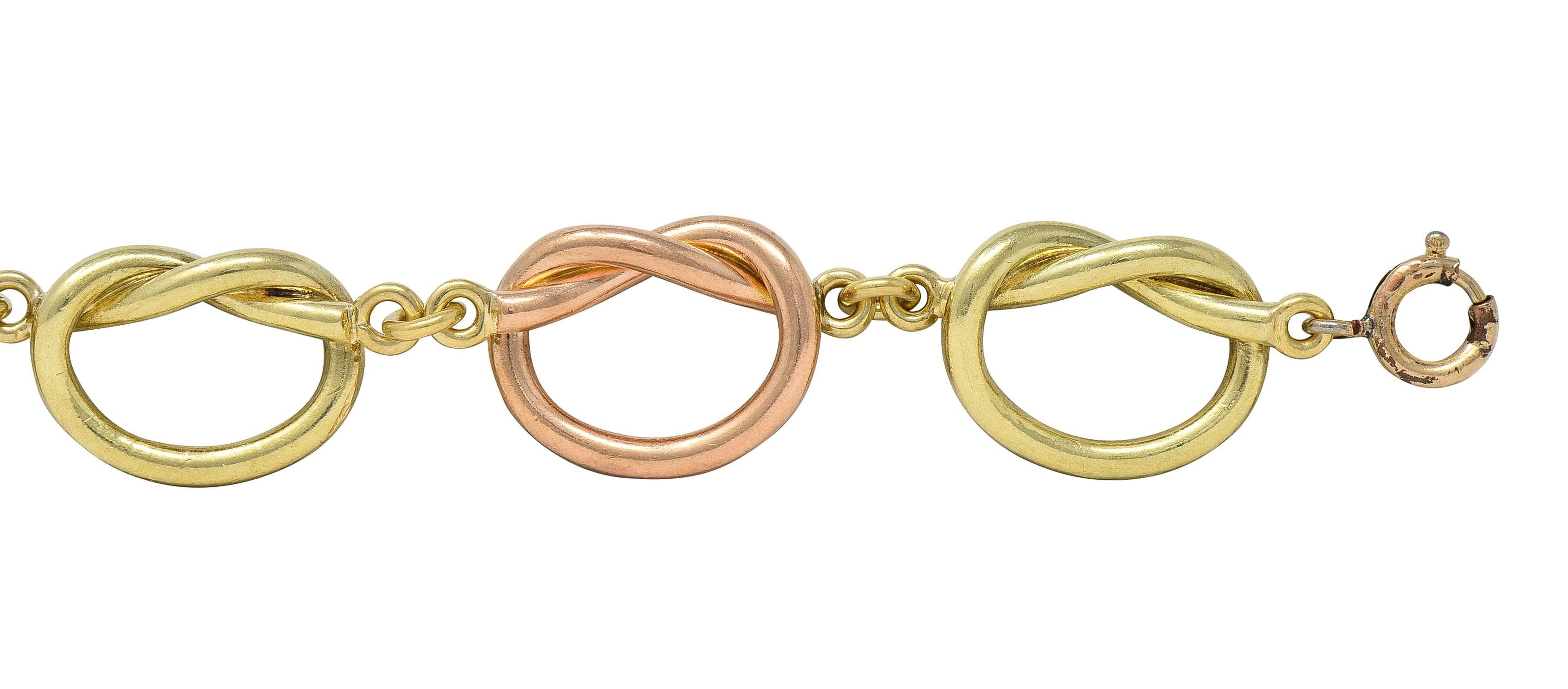 Retro 14 Karat Two-Tone Rose Yellow Gold Vintage Love Knot Bracelet en venta 2