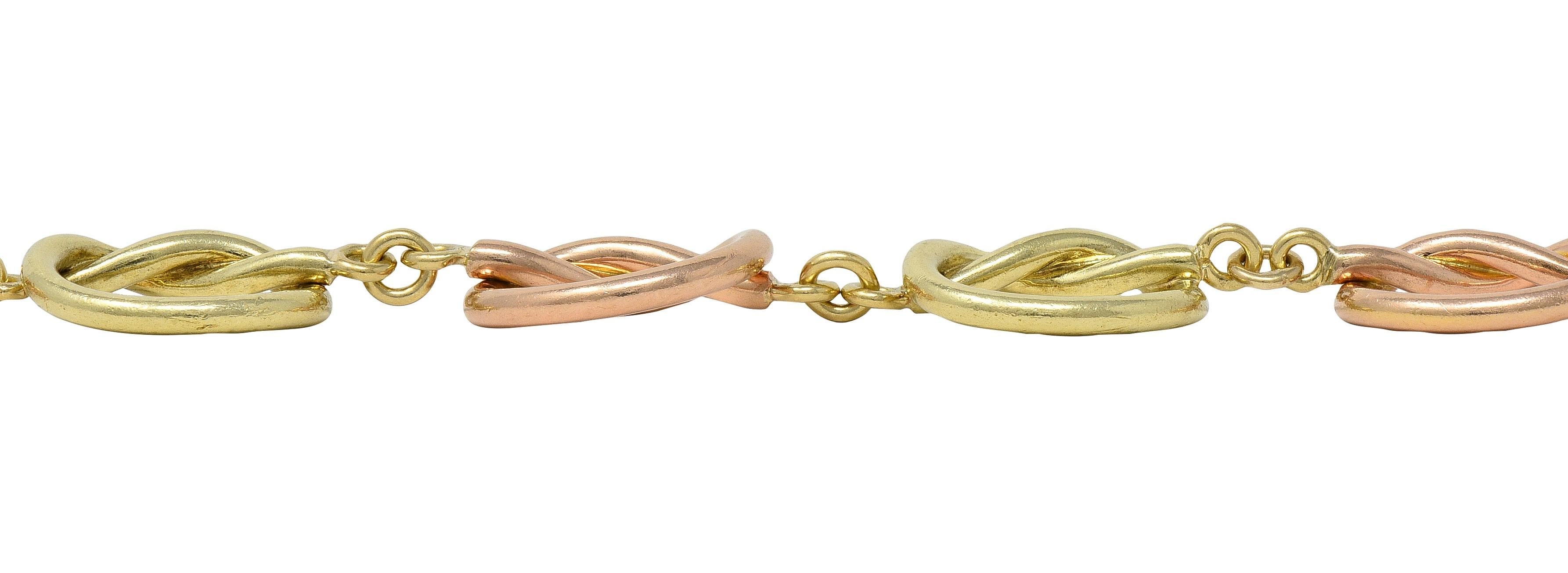 Retro 14 Karat Two-Tone Rose Yellow Gold Vintage Love Knot Bracelet en venta 3