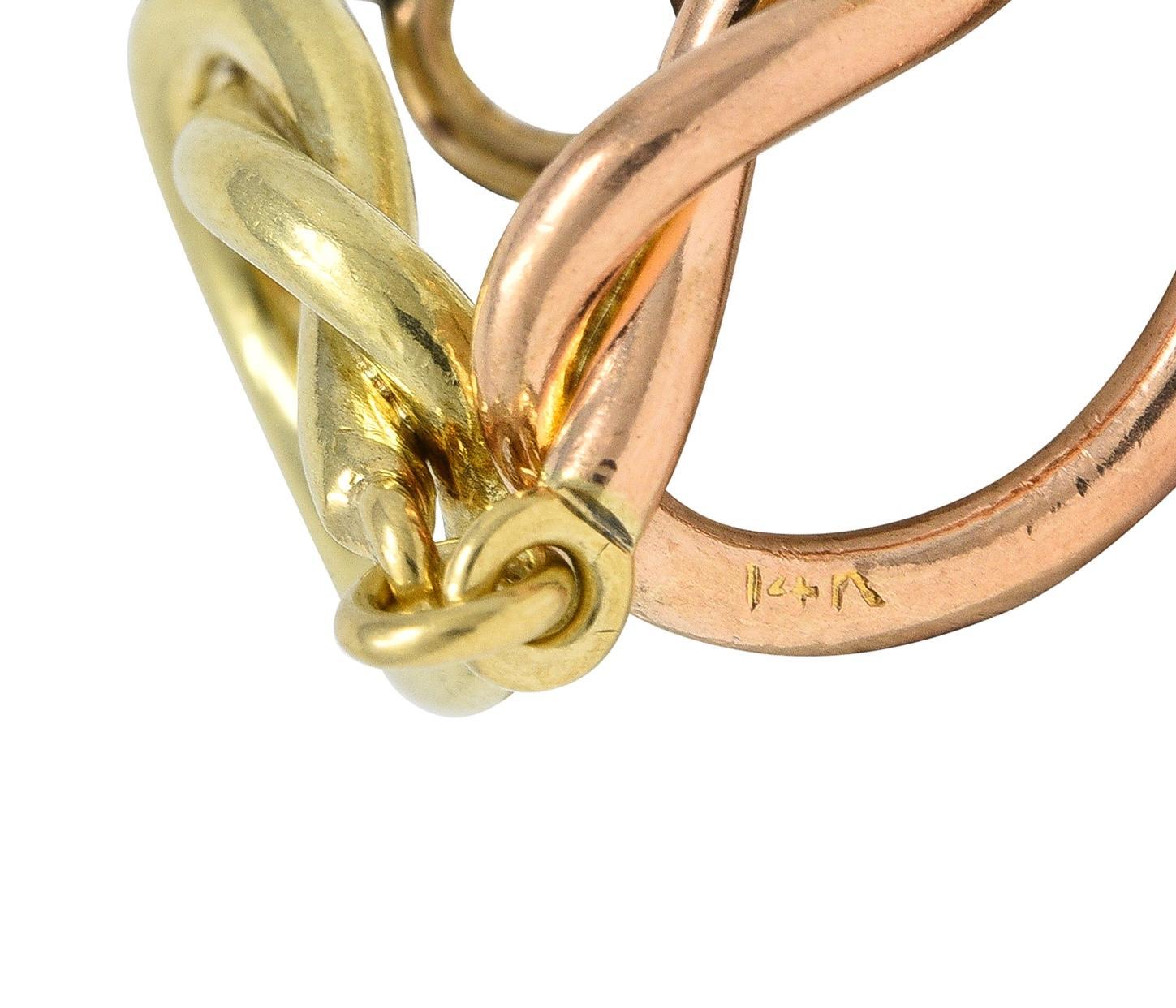 Retro 14 Karat Two-Tone Rose Yellow Gold Vintage Love Knot Bracelet en venta 4