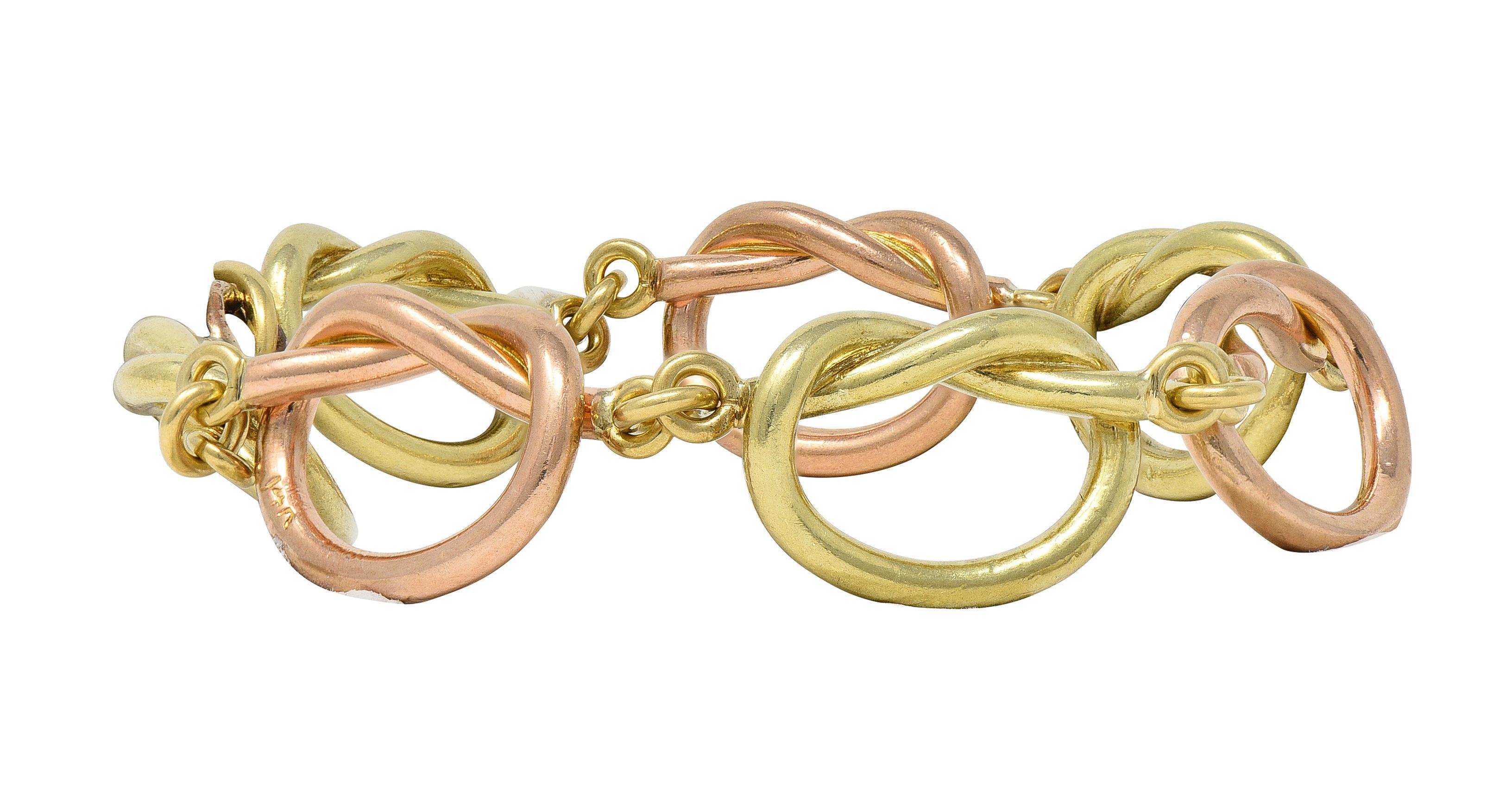 Retro 14 Karat Two-Tone Rose Yellow Gold Vintage Love Knot Bracelet en venta 5