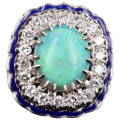 Retro 14 Karat White Gold 3 Carat Opal and Diamond Ring