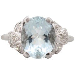 Vintage 14 Karat White Gold Aquamarine Ring with Diamond Accents, circa 1970s