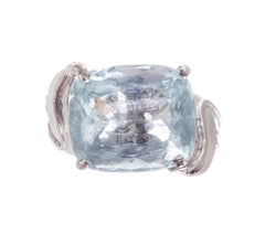 Retro 14 Karat White Gold Cushion Cut Aquamarine 15 Carat Cocktail Ring