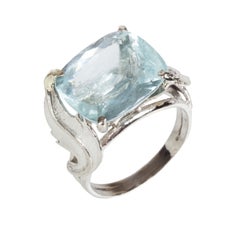 Vintage 14 Karat White Gold Cushion Cut Aquamarine 15 Carat Cocktail Ring