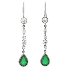 Retro 14 Karat White Gold Diamond and 2.50 Total Carat Emerald Teardrop Earrings