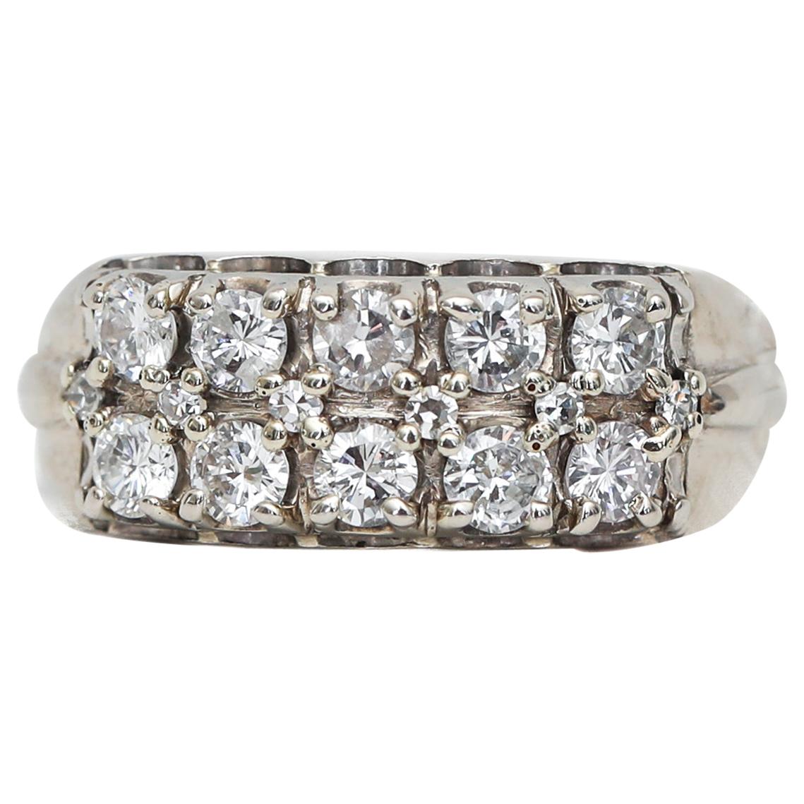 Retro 14 Karat White Gold Double Row Band with Diamonds