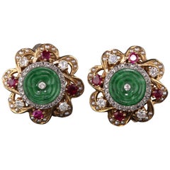 Retro 14 Karat Yellow Gold Diamonds, Jade, Rubies and Seed Pearls Earrings