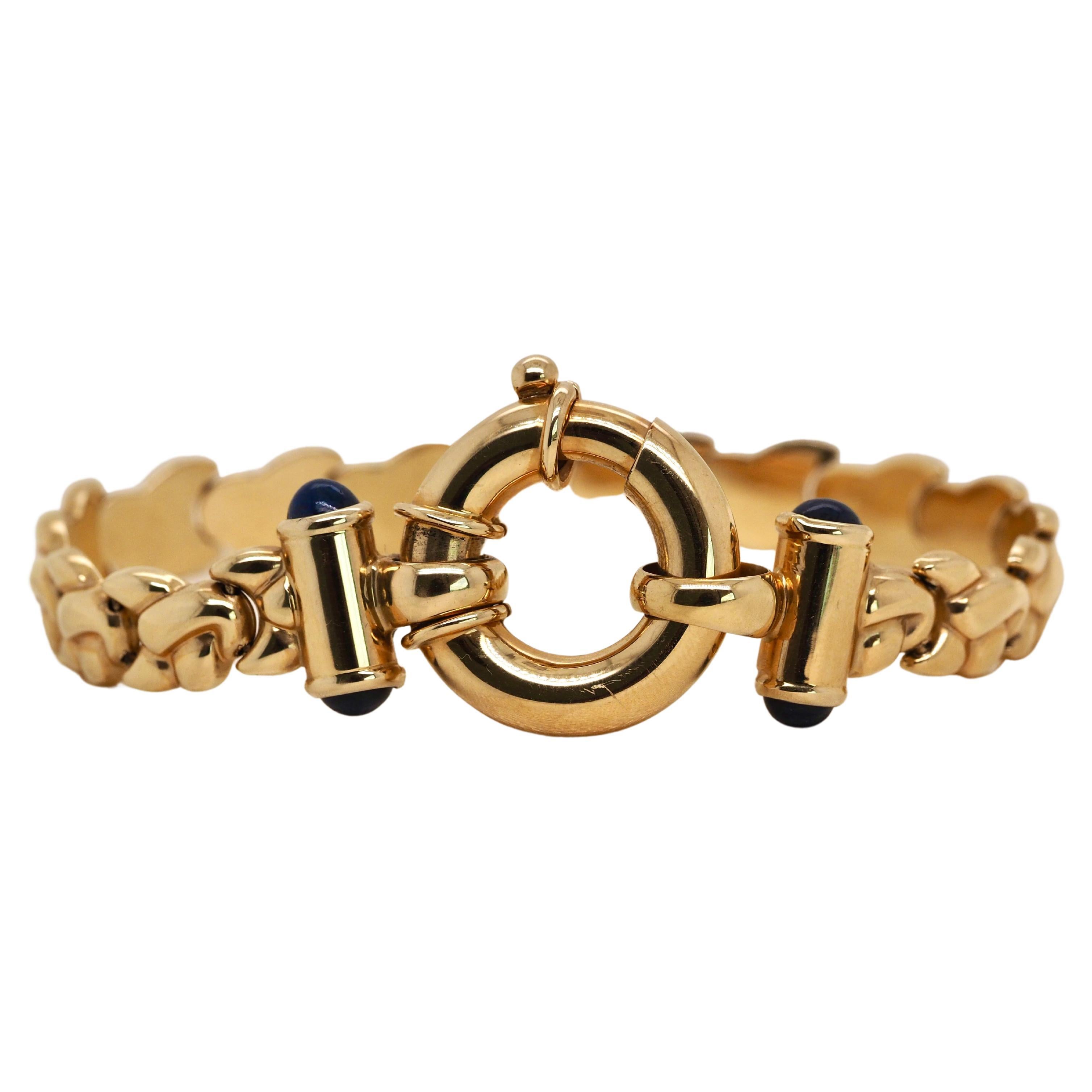 Retro 14 Karat Yellow Gold Geometric Link Sapphire Bracelet