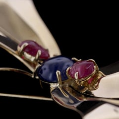 Retro 14 Karat Yellow Gold Sapphire and Ruby Bow Brooch