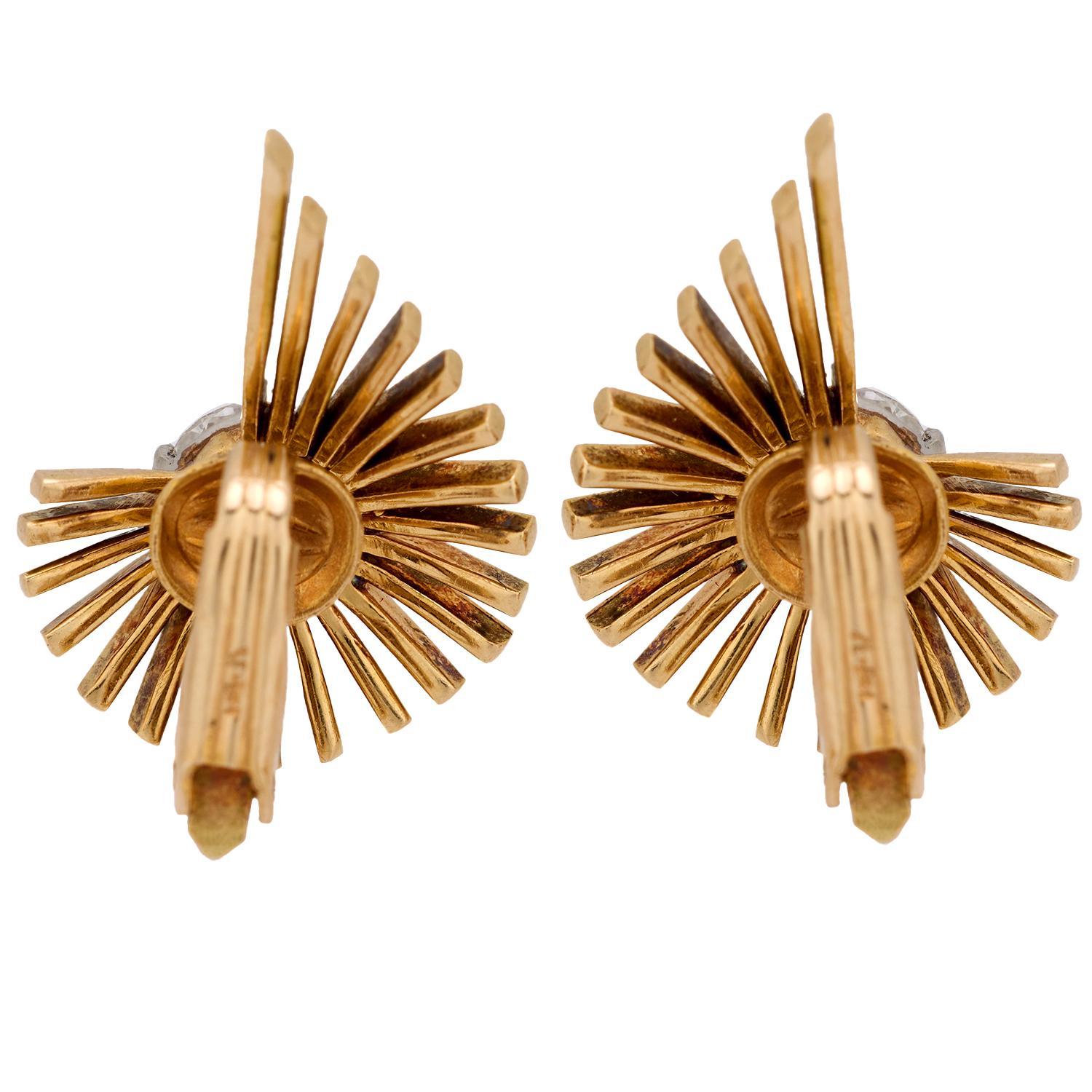 Boucles d'oreilles rétro en or jaune 14 carats avec diamant taille européenne ancienne de 1,40 carat Bon état - En vente à Beverly Hills, CA